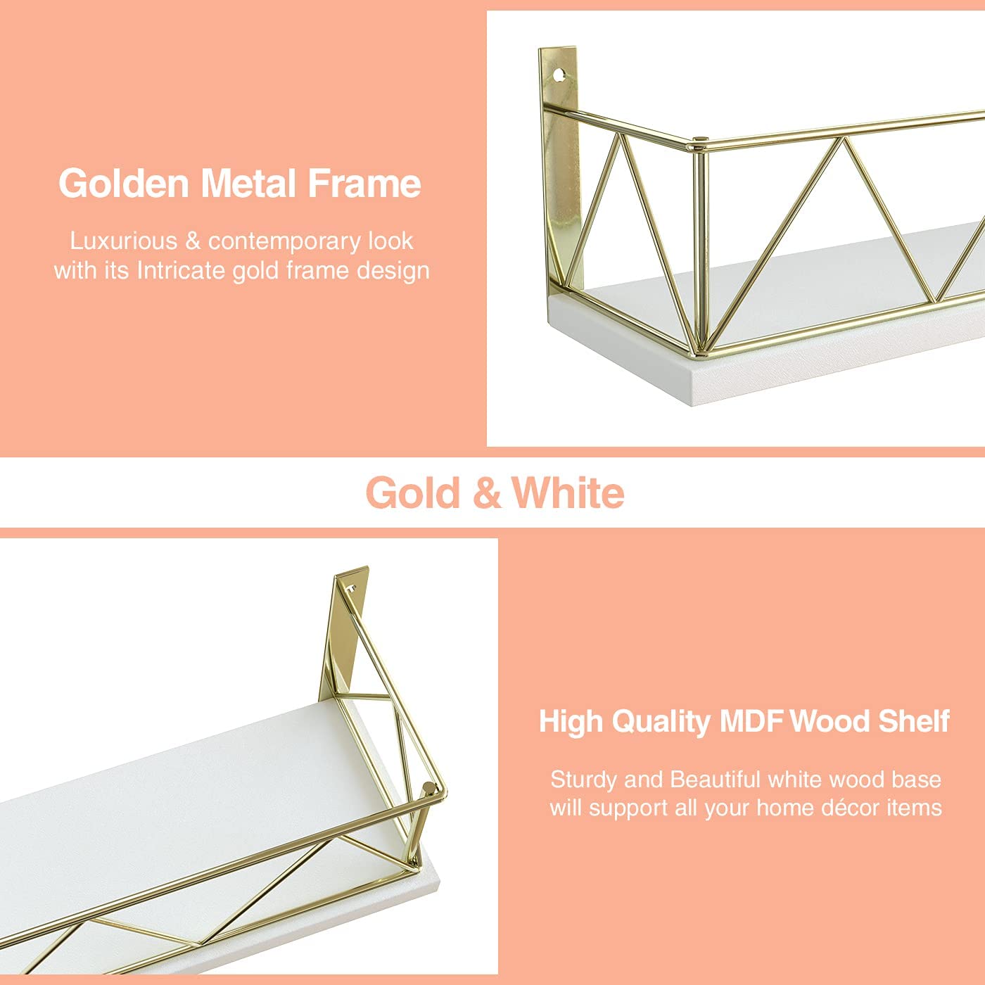 Jackcube Design Set 2 Mensole Muro Oro Bianche 60 cm Metallo Legno