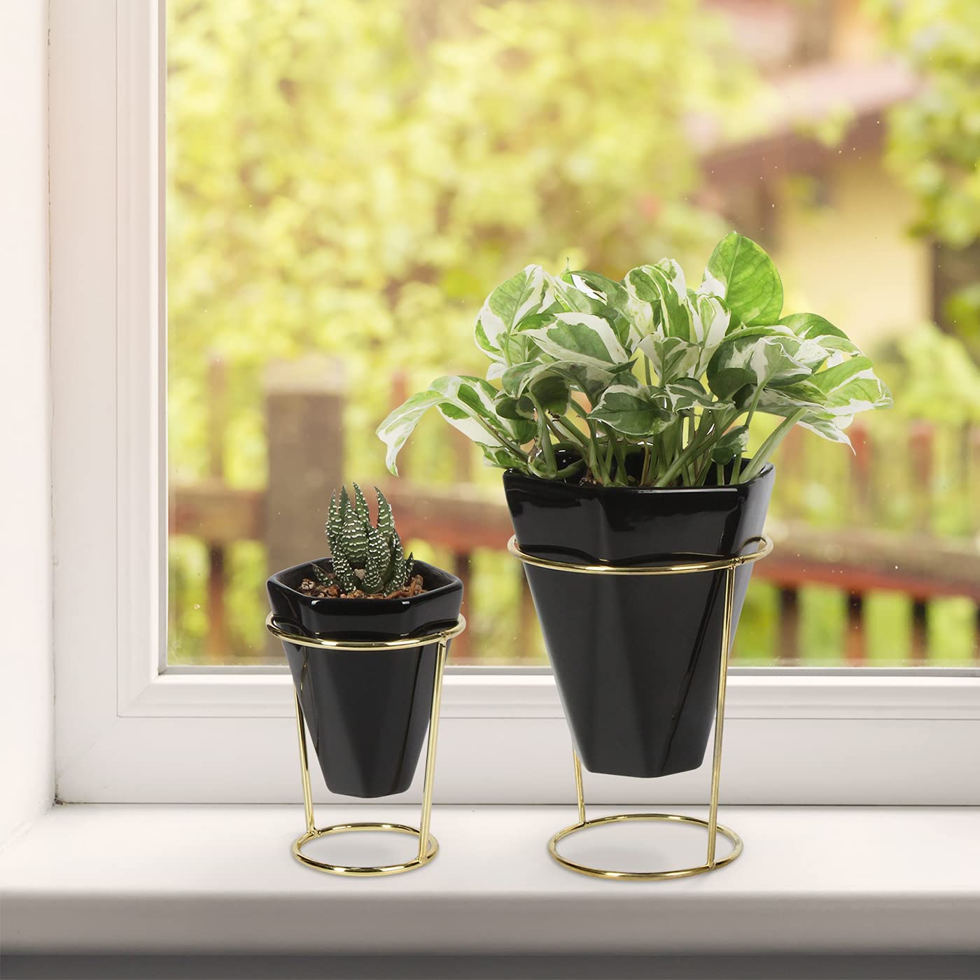 Jackcube Design Plant Set 2 Vasi Ceramica Nera con Supporto Oro