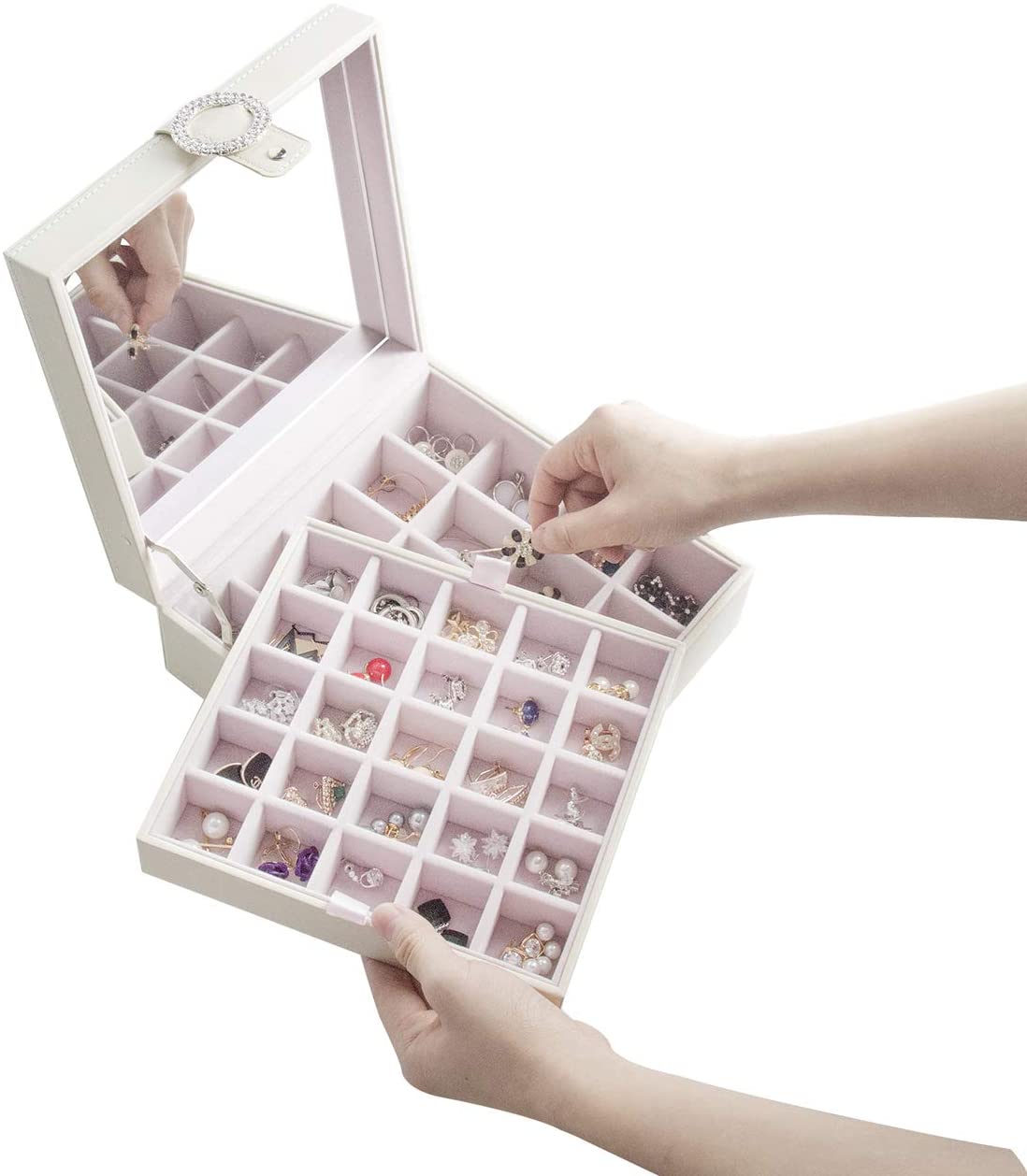 Jackcube Design Scatola Porta Orecchini Beige 50 Scomparti Specchio