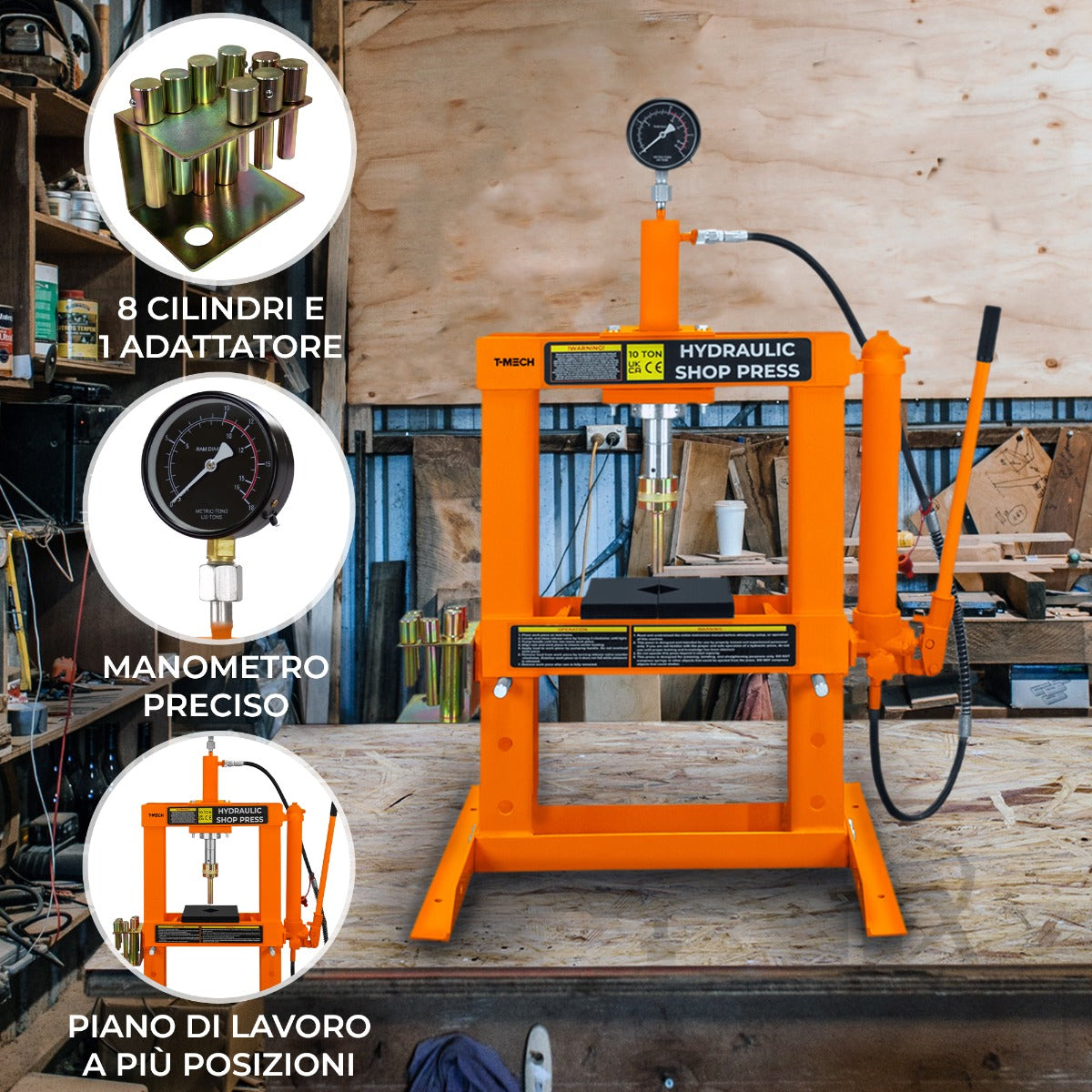 Q-Rax Pressa Idraulica Officina 10 Tonnellate con Manometro