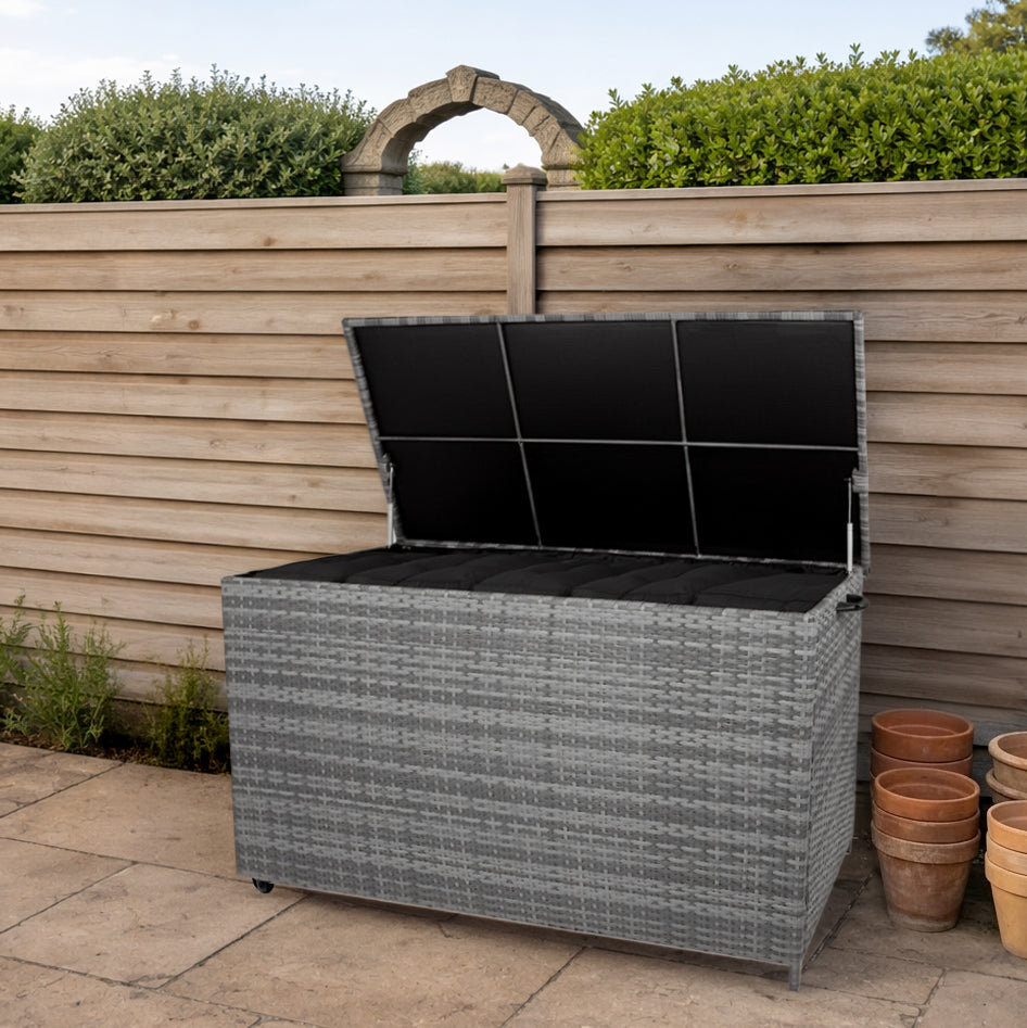 Q-Rax Mobili da Esterno Box Rattan 700L Grigio Cuscini con Ruote