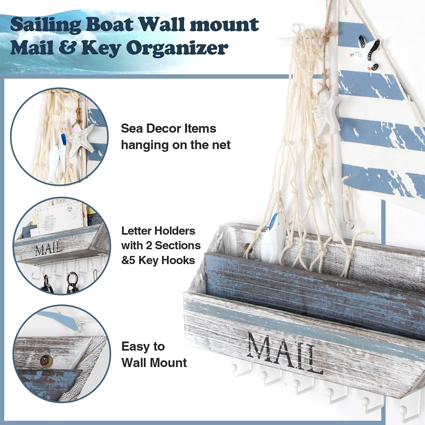 Jackcube Design Entryway Portalettere Legno Nautico Barca Azzurro Ganci