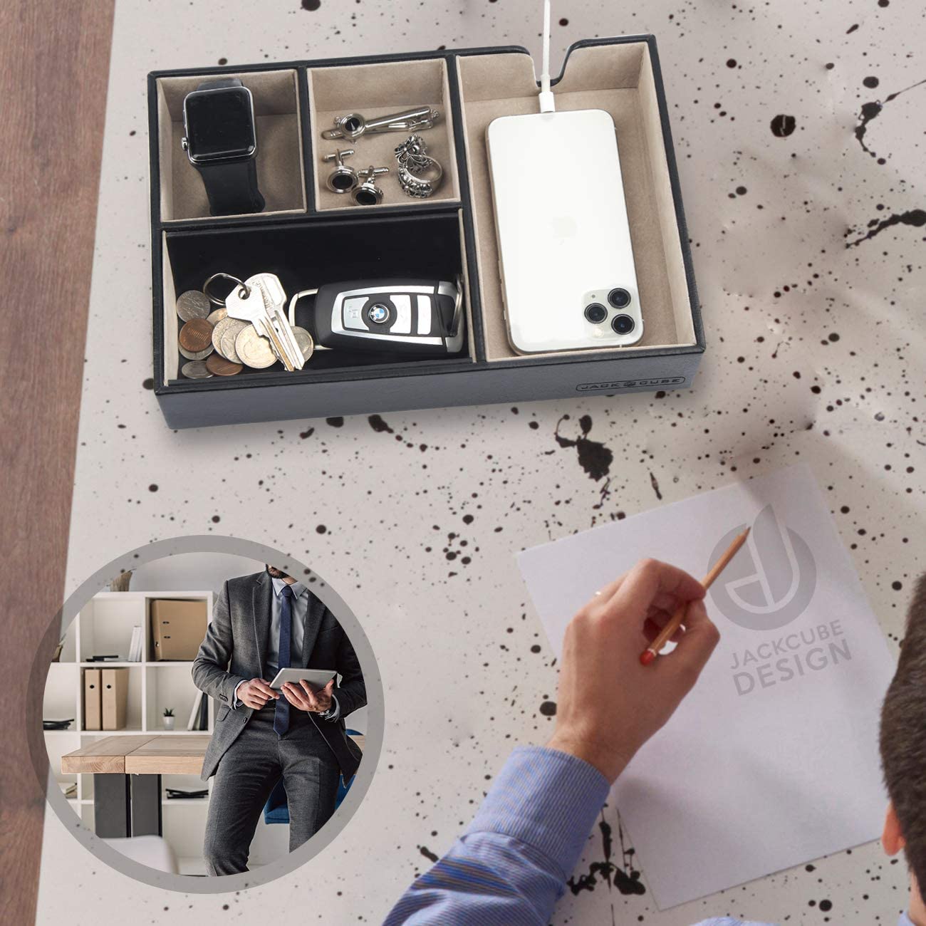 Jackcube Design Dressroom Vassoio Svuotatasche Pelle Nero 4 Scomparti