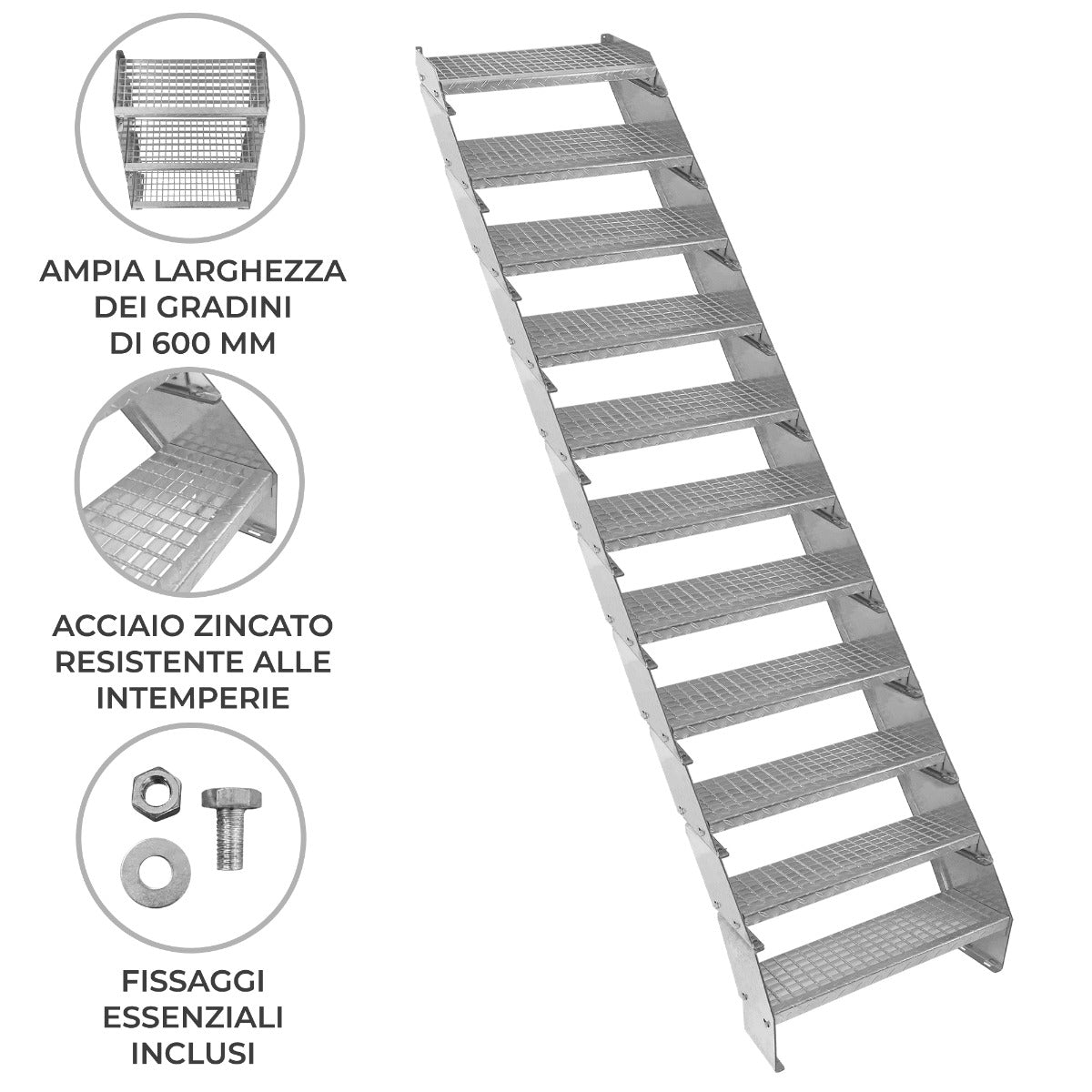 Q-Rax Commercio & Artigianato Scala Zincata 11 Gradini 600 mm Regolabile