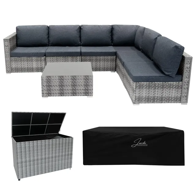 Q-Rax Set Divani Rattan 7 Pezzi Grigio con Baule 700L