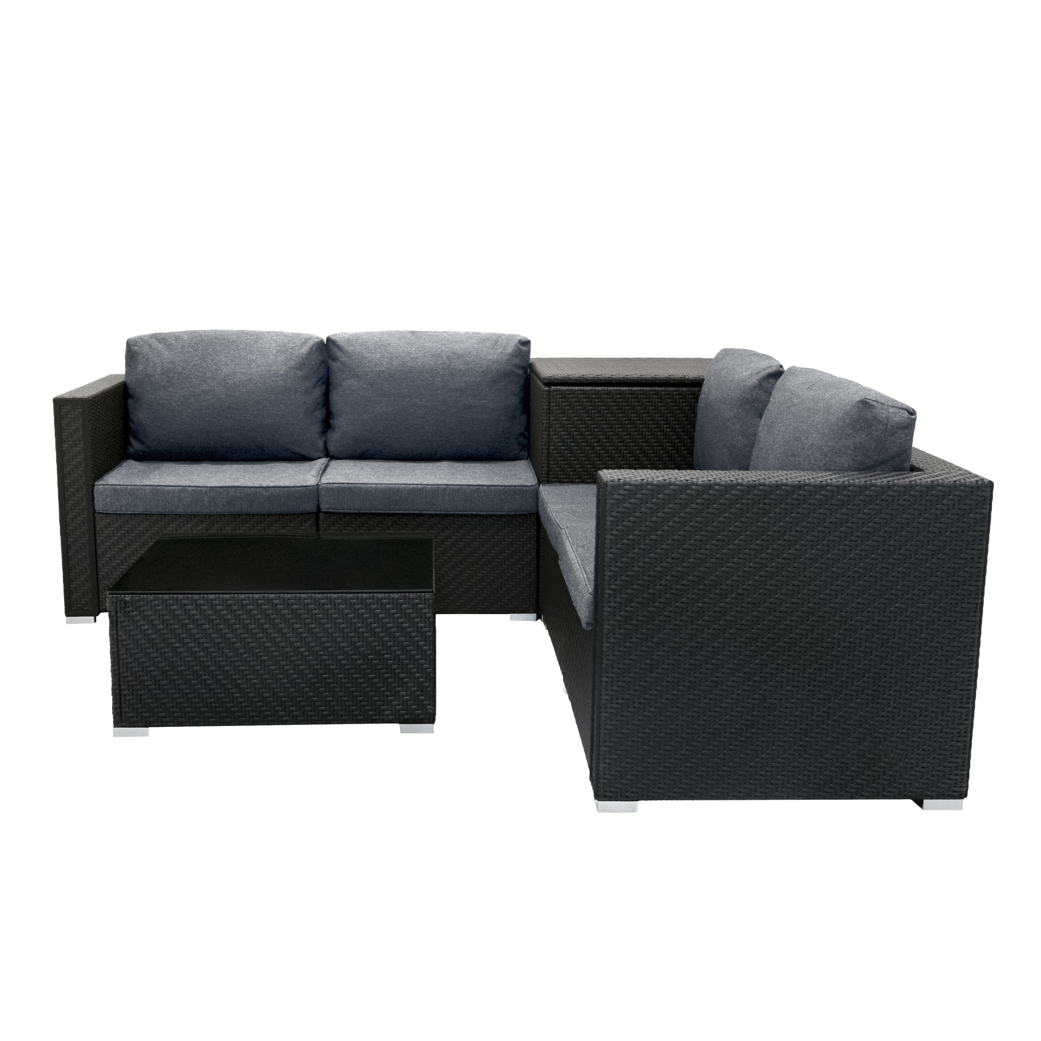 Q-Rax Set Rattan Nero 6 Pezzi Tavolino Bauli 250L+996L Giardino