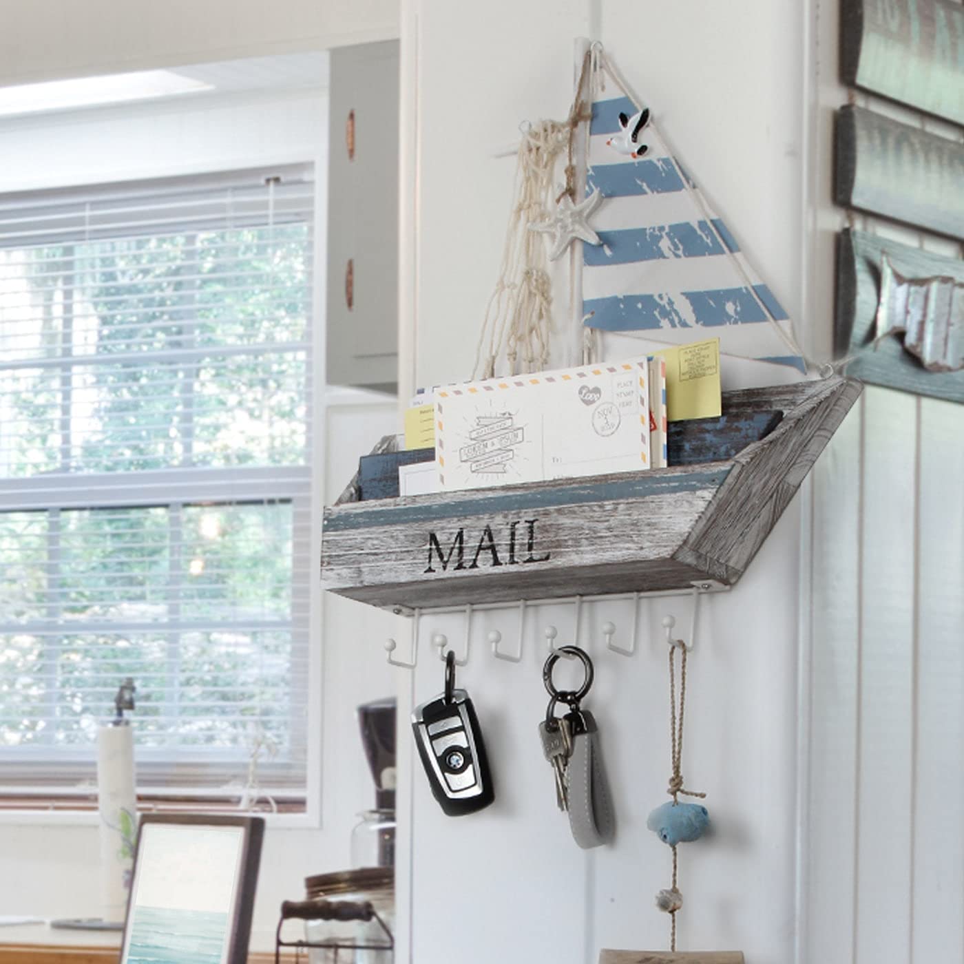 Jackcube Design Entryway Portalettere Legno Nautico Barca Azzurro Ganci