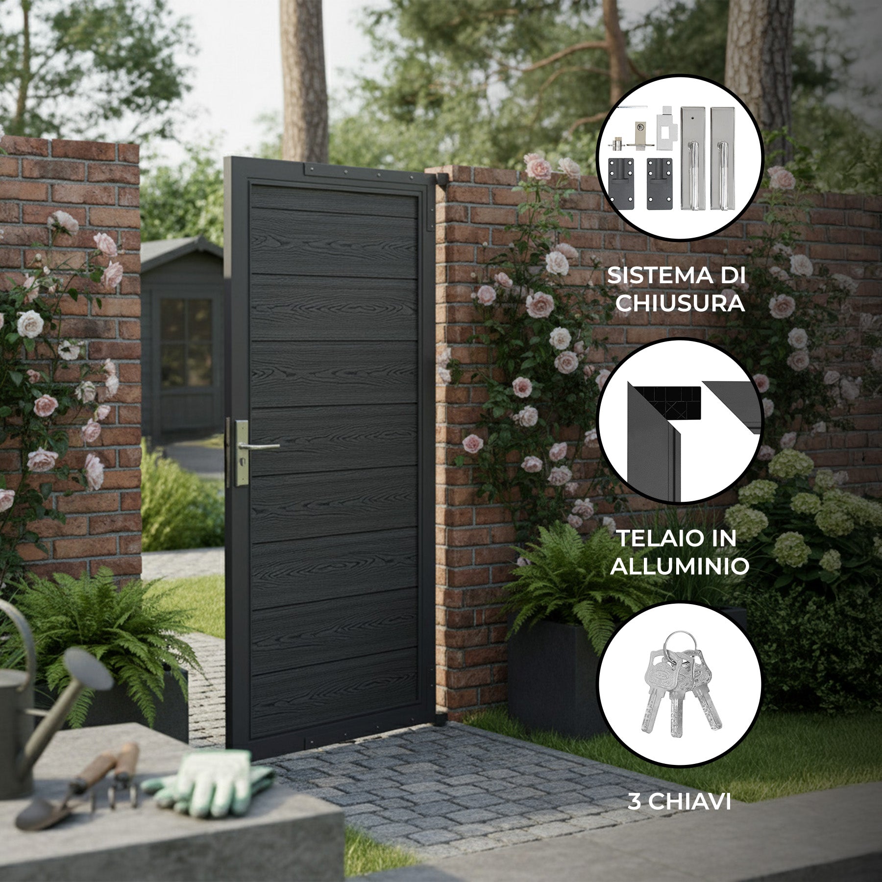 Q-Rax Cancello Giardino Ecolegno Grigio 180x90cm Serratura