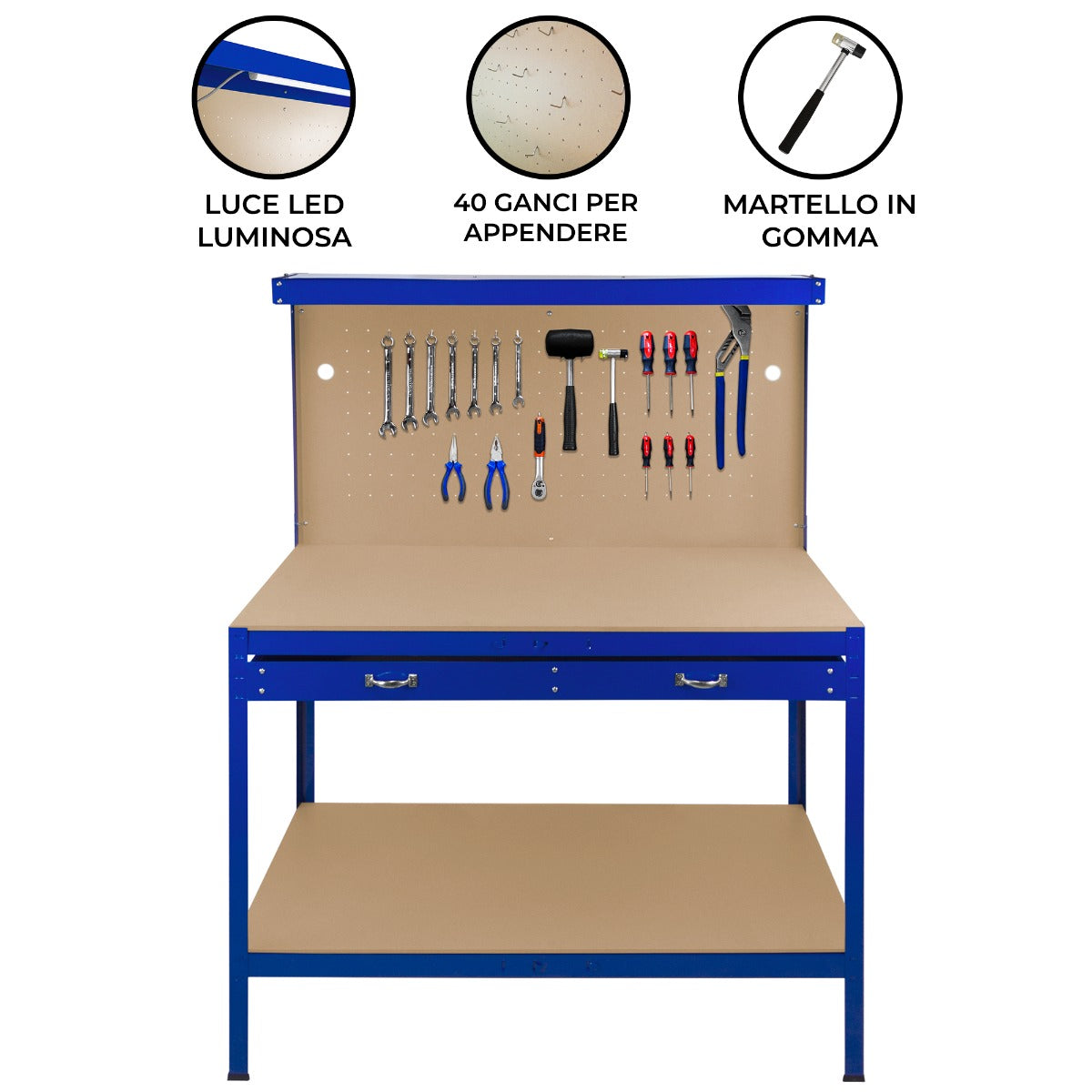 Q-Rax Banchi da Lavoro 120cm banco blu con luce cassetto bacheca