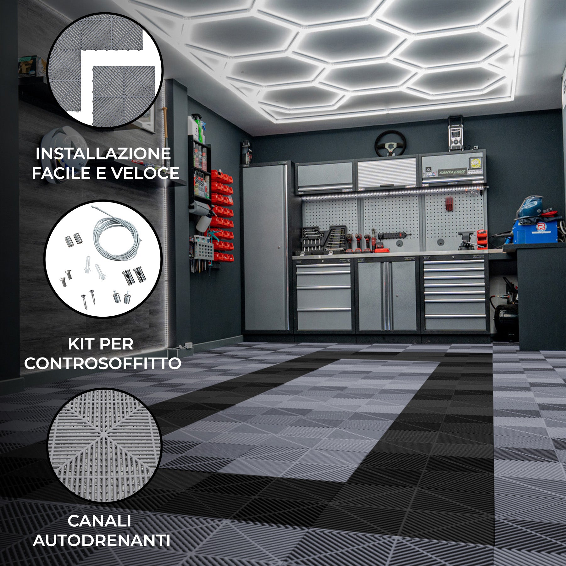 Q-Rax Piastrelle garage 36mq grigie nere + LED esagonali