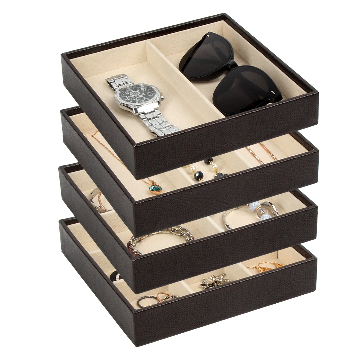 Jackcube Design Set 4 Vassoi Gioielli Pelle Marrone Impilabili