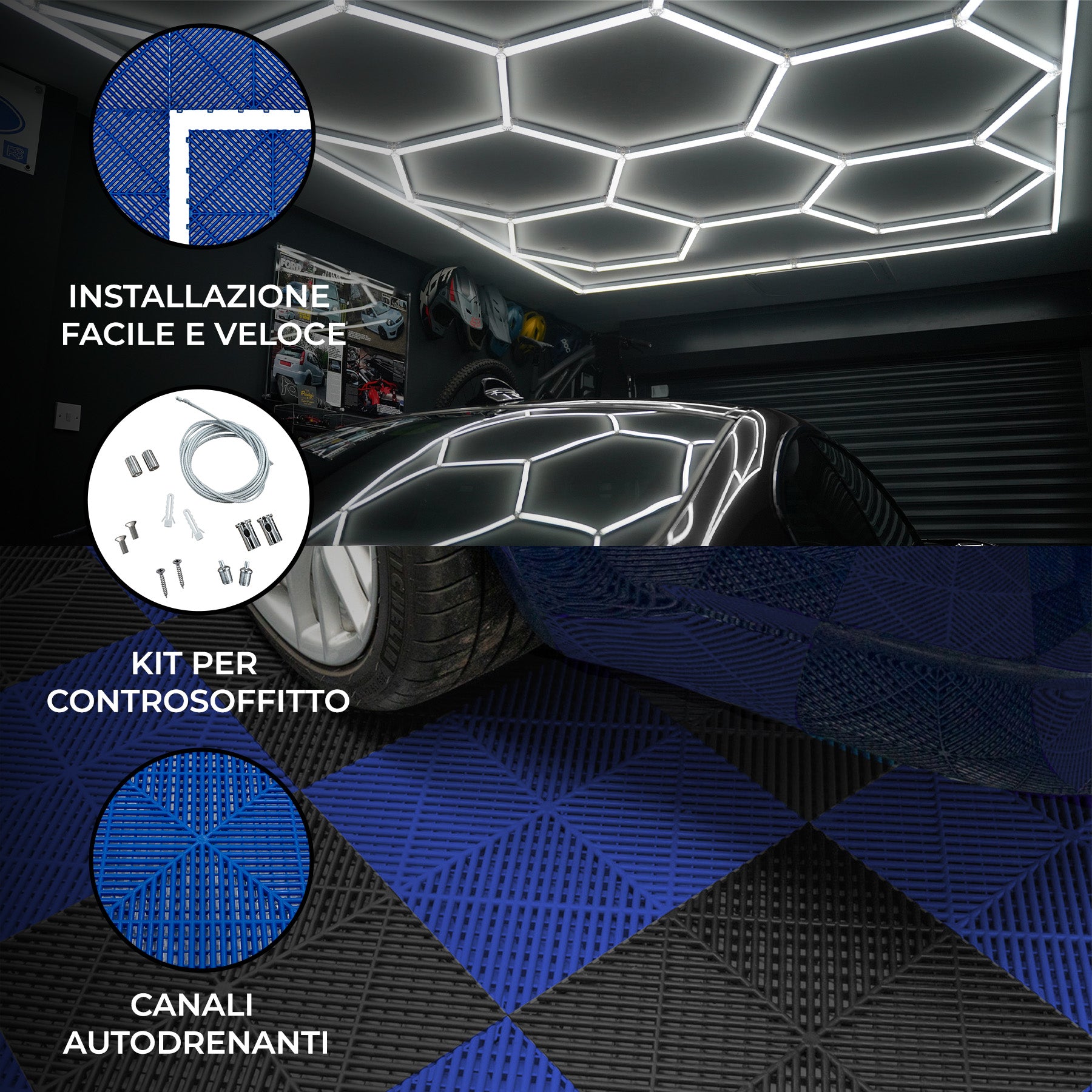 Q-Rax Piastrelle Garage Ventilate 120pz Nere Blu+LED