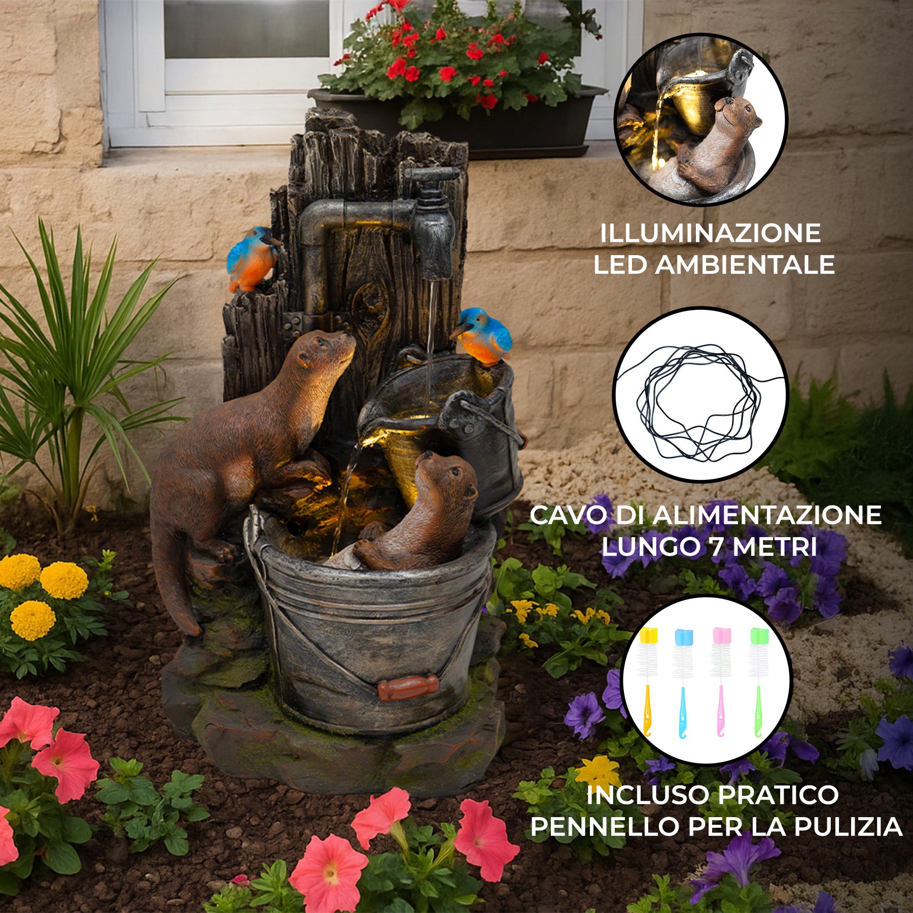 Q-Rax Otter Oasis Fontana Elettrica Giardino con LED