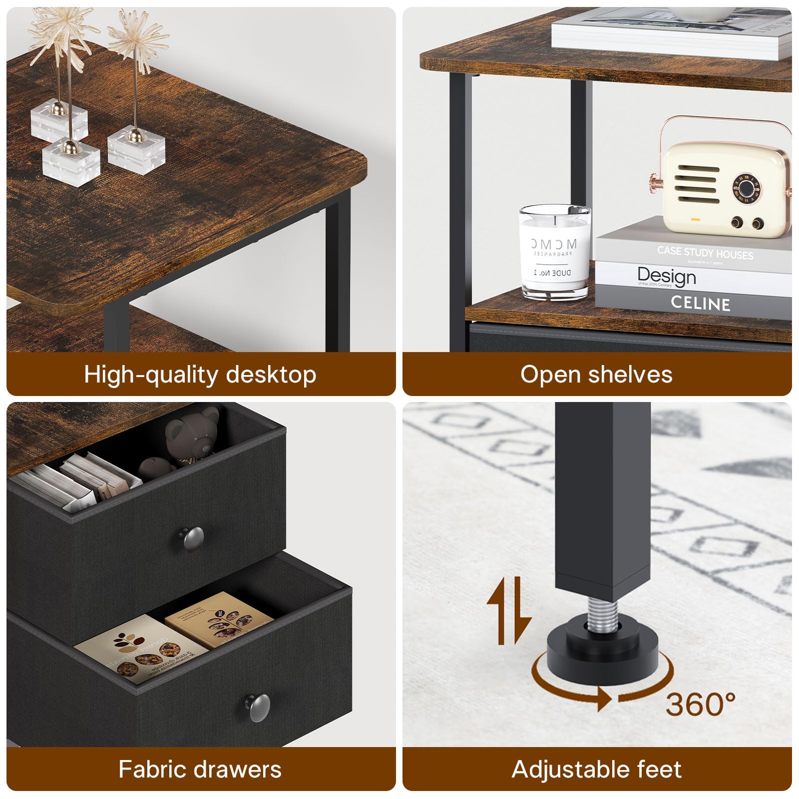 Meltrck Comodino 40x40x62 Industriale 2 Cassetti Marrone