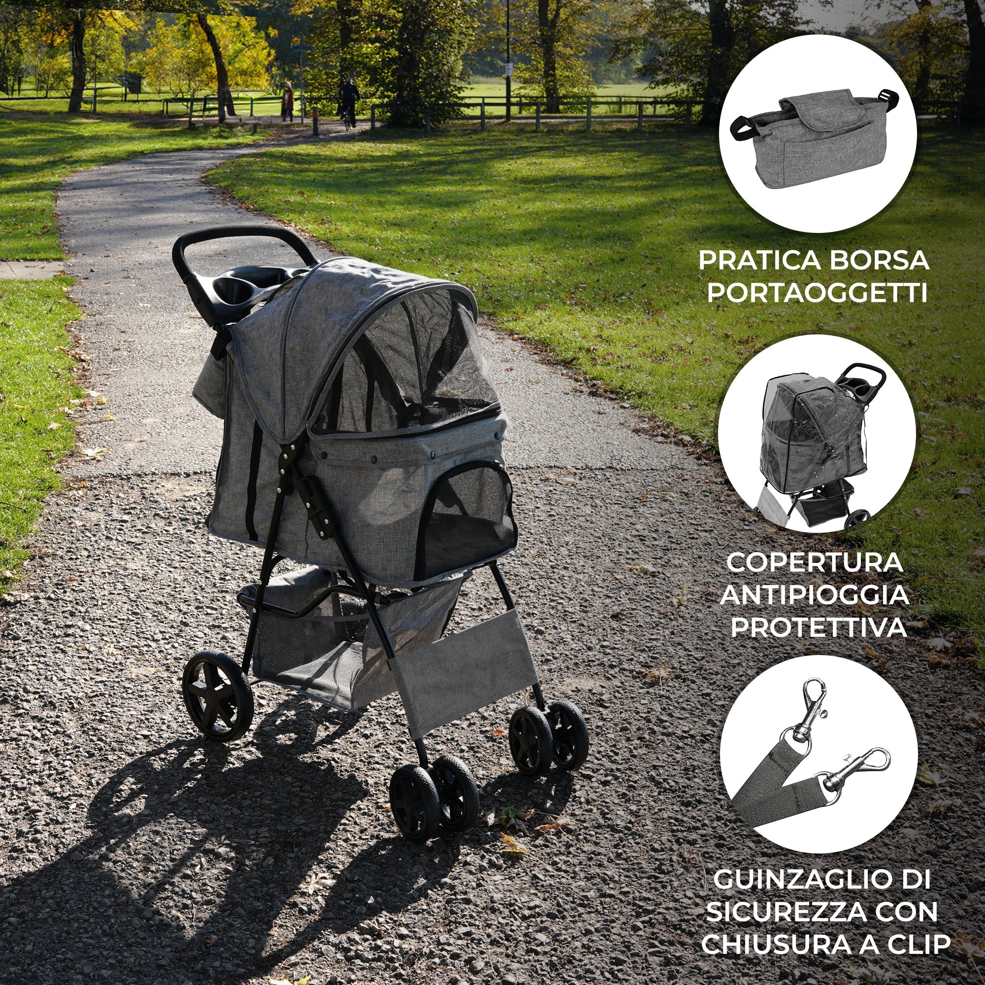 Q-Rax Passeggino Animali Grigio Antipioggia con Borsa Organizer