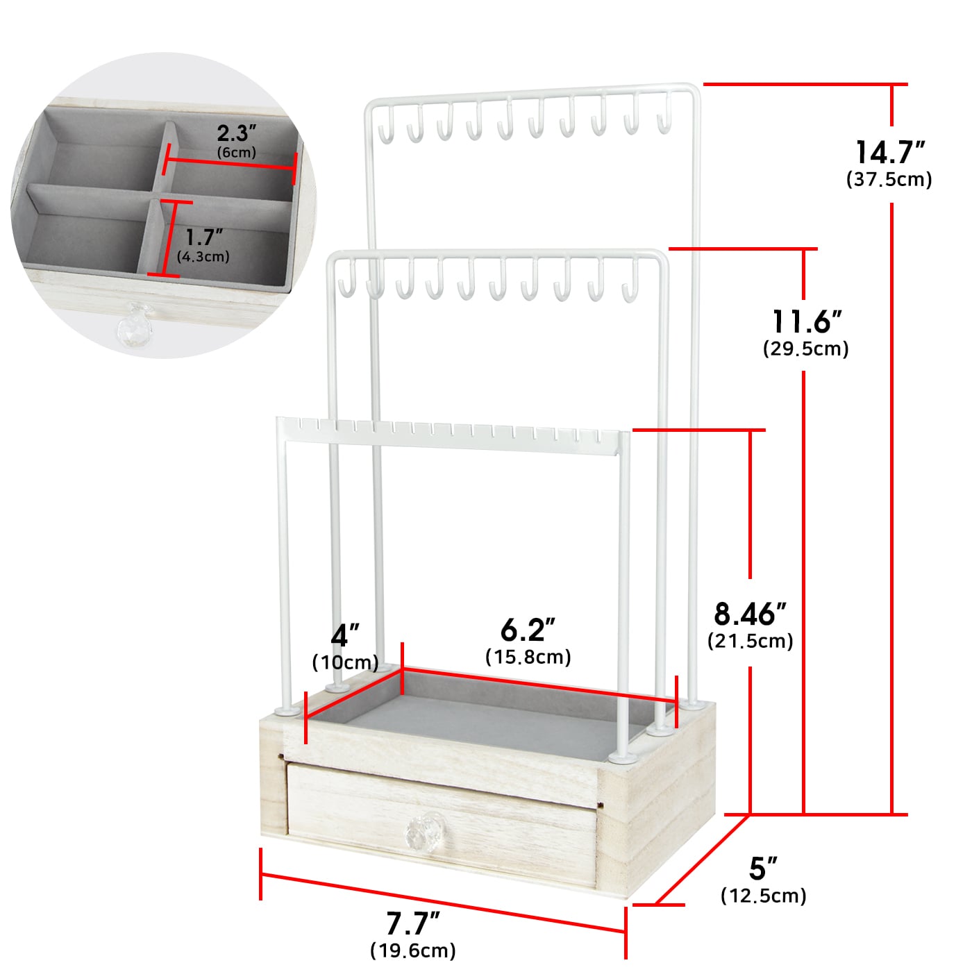 Jackcube Design Makeup & Jewelry espositore gioielli bianco rustico con cassetto