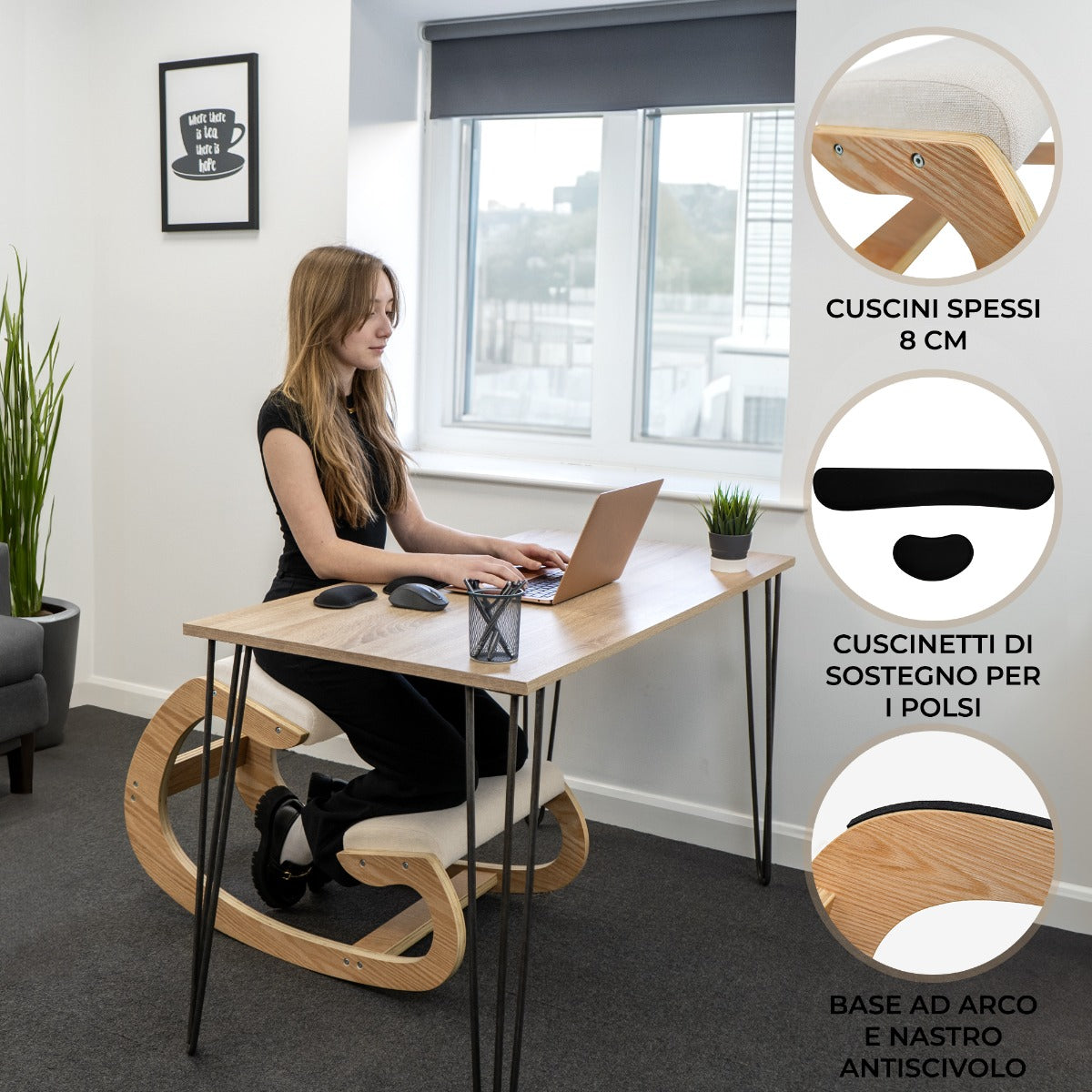 Q-Rax Sedia ergonomica inginocchiata legno lino 100kg