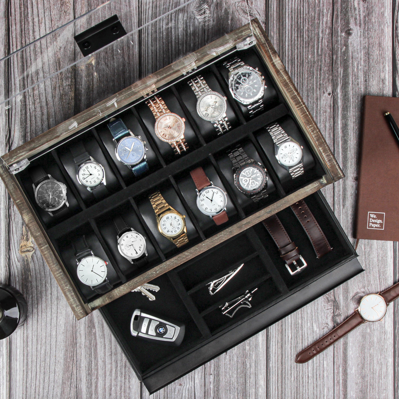Jackcube Design Makeup & Jewelry Box Orologi Legno 12 Scomparti Vetro