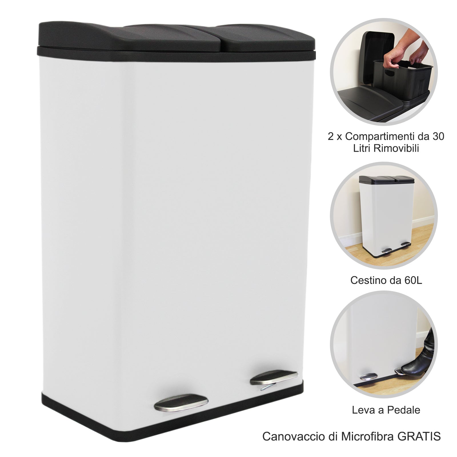 Q-Rax Deposito Pattumiera 60 Litri Bianco 2 Scomparti