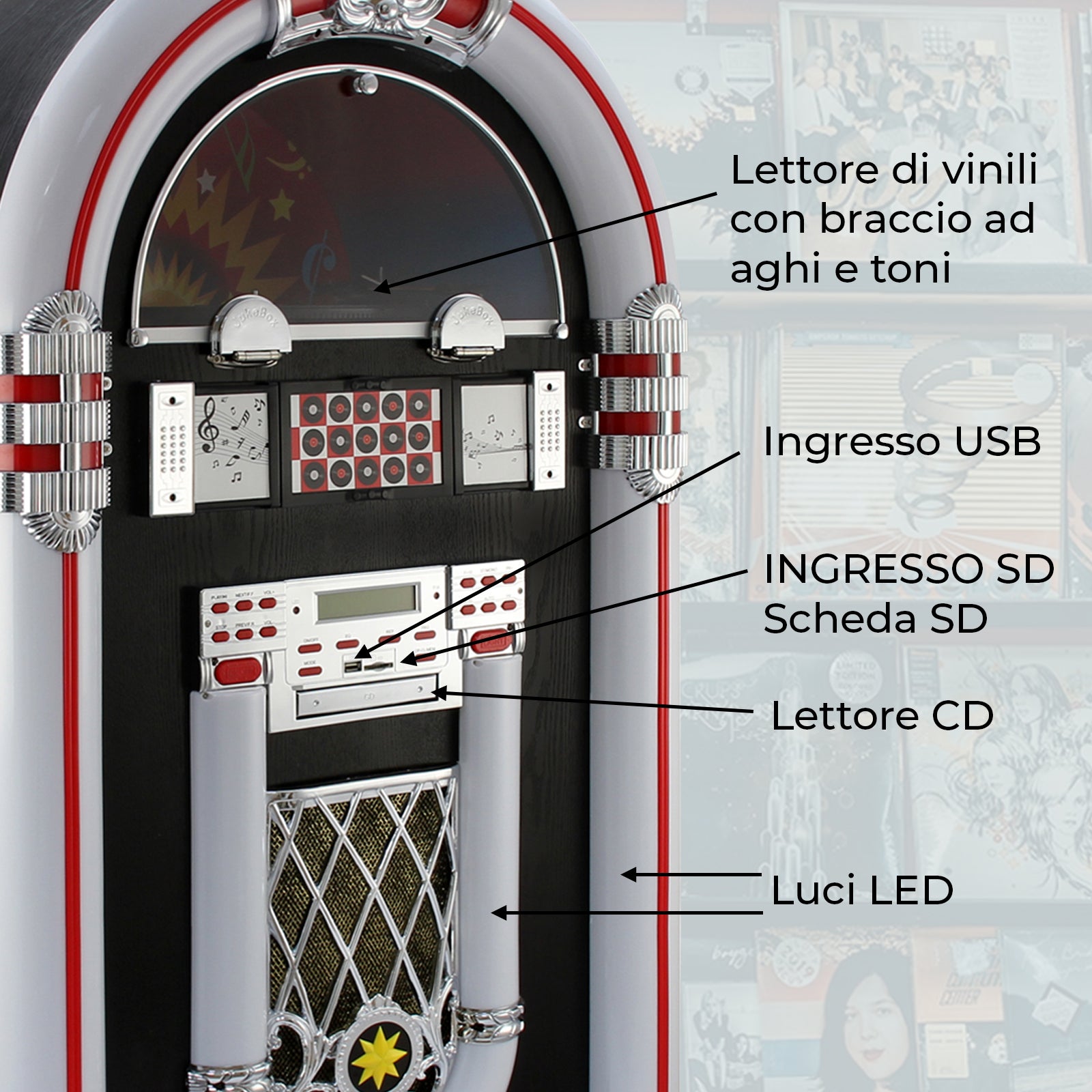 Q-Rax Vintage jukebox nero bluetooth giradischi LED