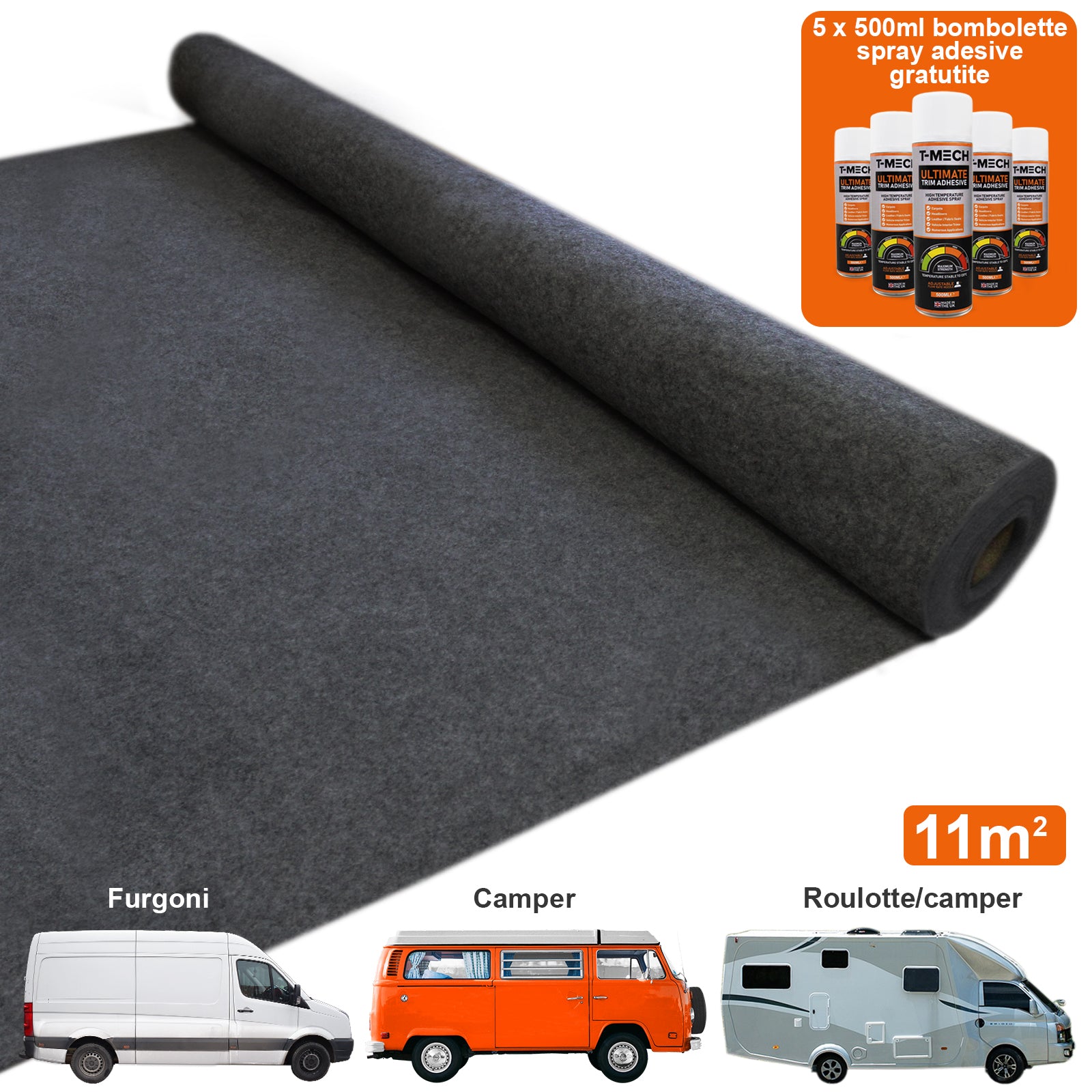 Q-Rax Moquette Antracite 11m2 per Furgoni + 5 Spray Adesivi