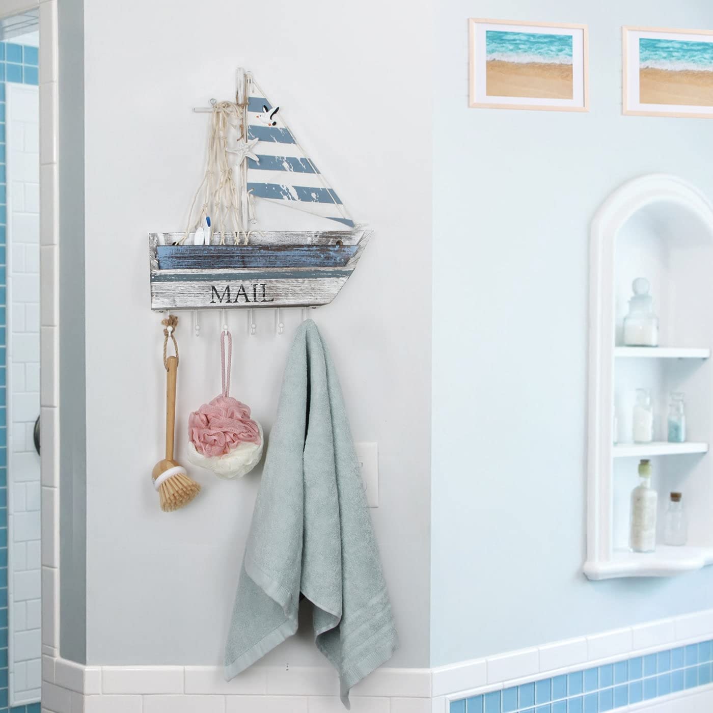Jackcube Design Entryway Portalettere Legno Nautico Barca Azzurro Ganci