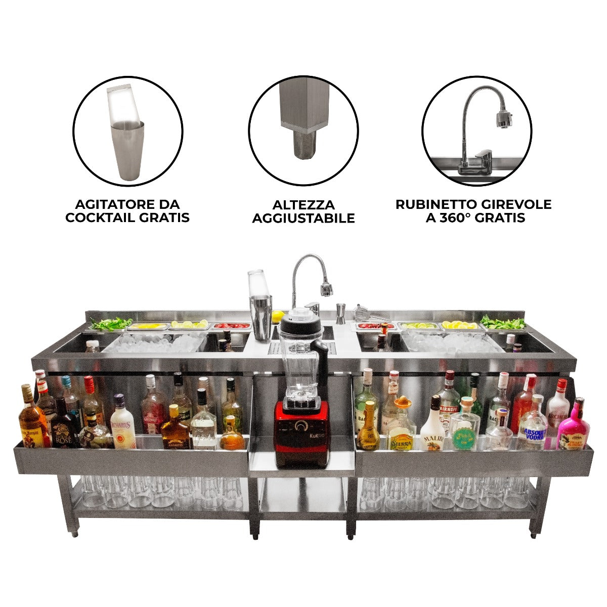 Q-Rax Barman Doppia Bancone Stazione Bar Inox con Ghiaccio