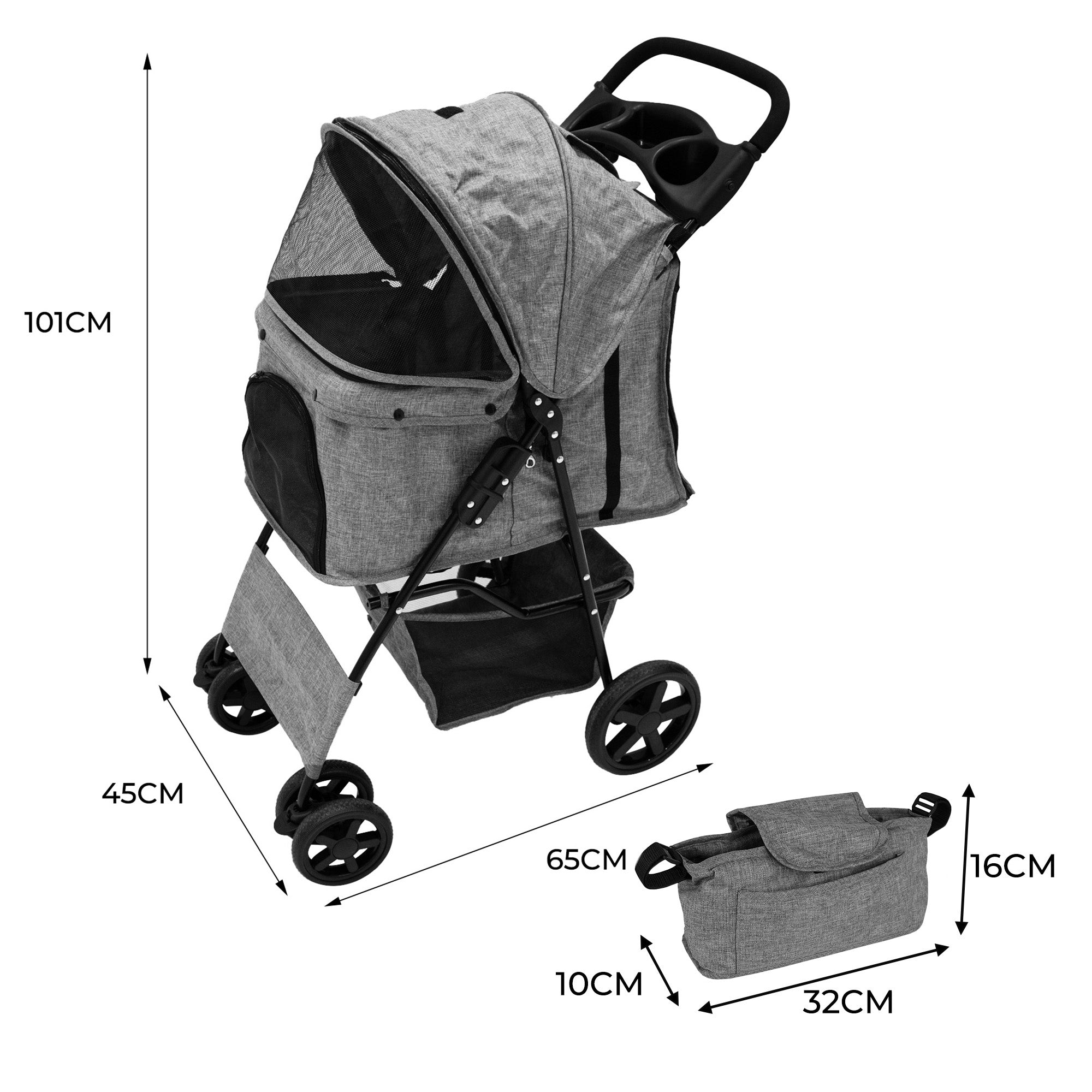 Q-Rax Passeggino Animali Grigio Antipioggia con Borsa Organizer