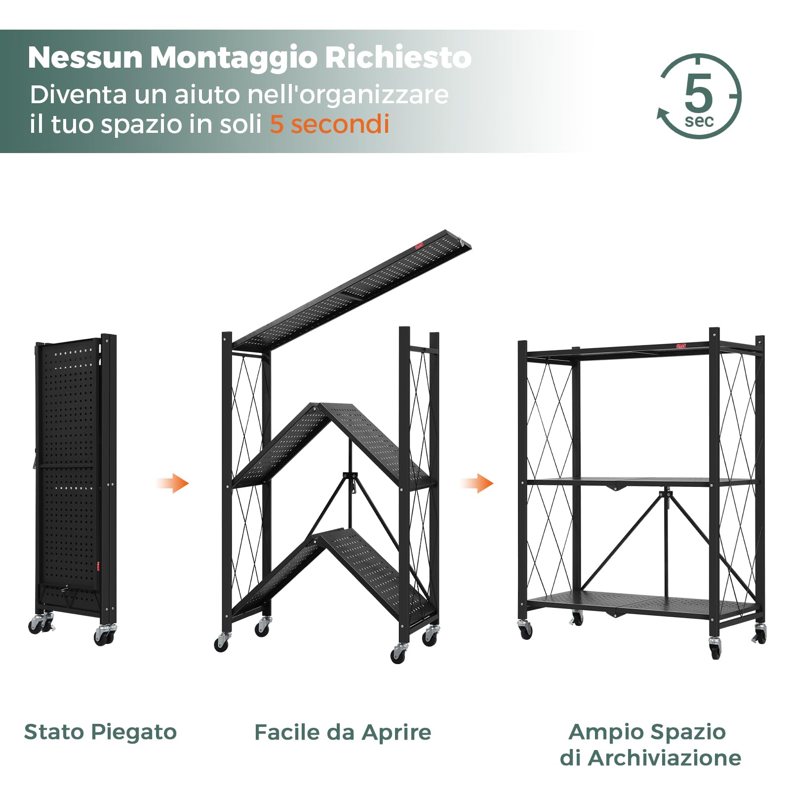 DEANIC Folding Storage Shelves scaffale metallo nero 3 ripiani