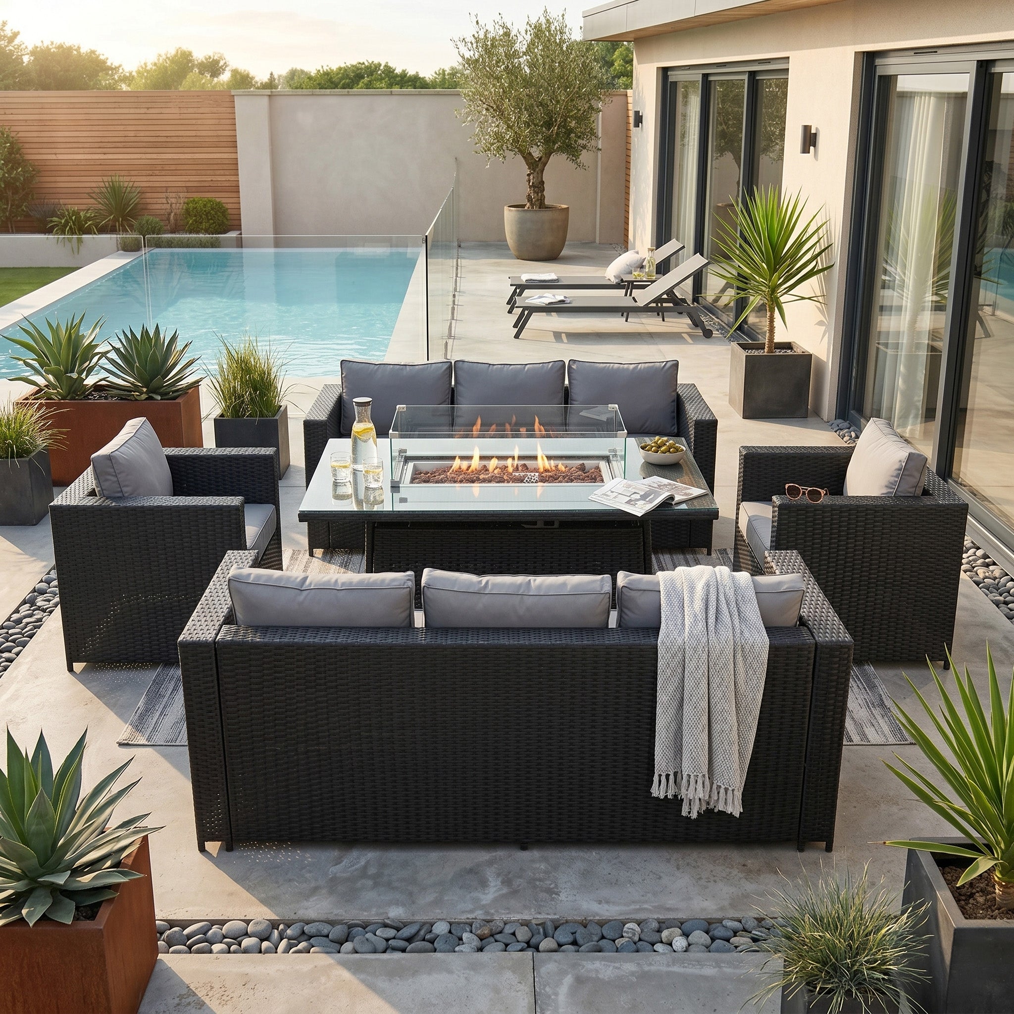 Q-Rax Set Giardino Rattan 8 Posti Tavolo Firepit Nero