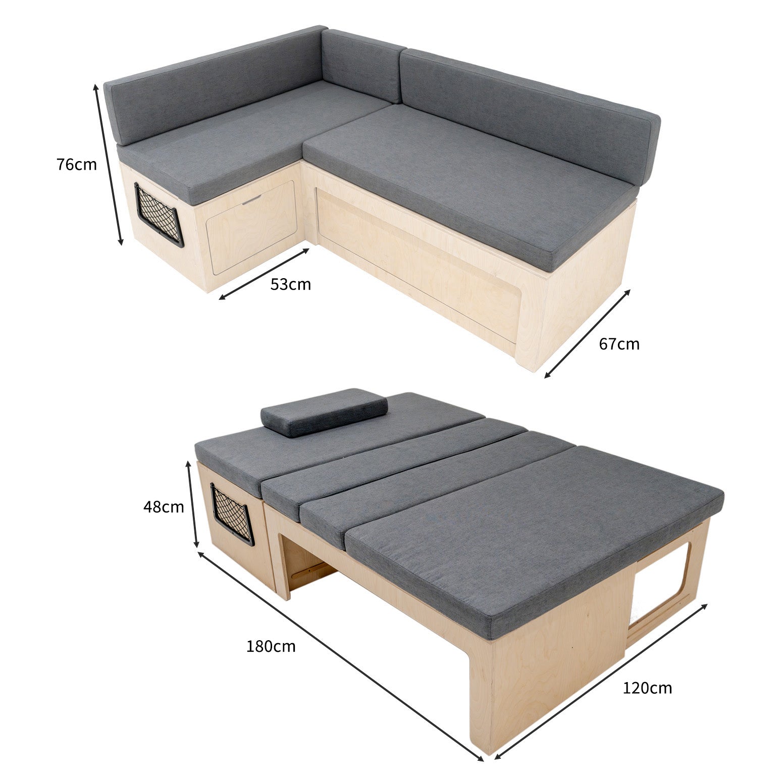 Q-Rax Letto Camper a L divano letto 120 cm grigio compensato betulla