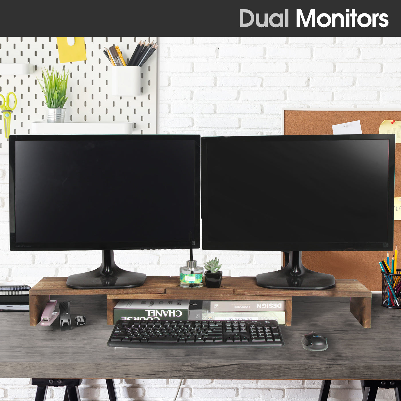 Jackcube Design Home Office Rustic Torched Wood Supporto Doppio Monitor Legno