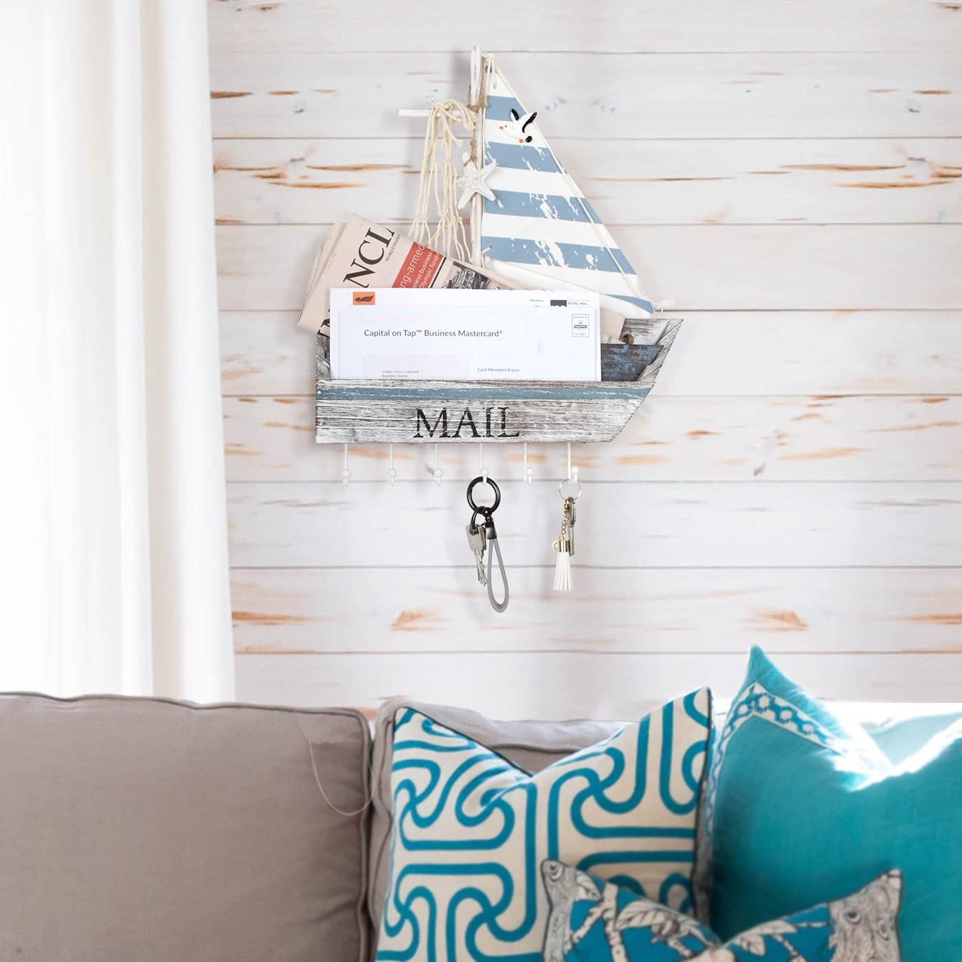 Jackcube Design Entryway Portalettere Legno Nautico Barca Azzurro Ganci