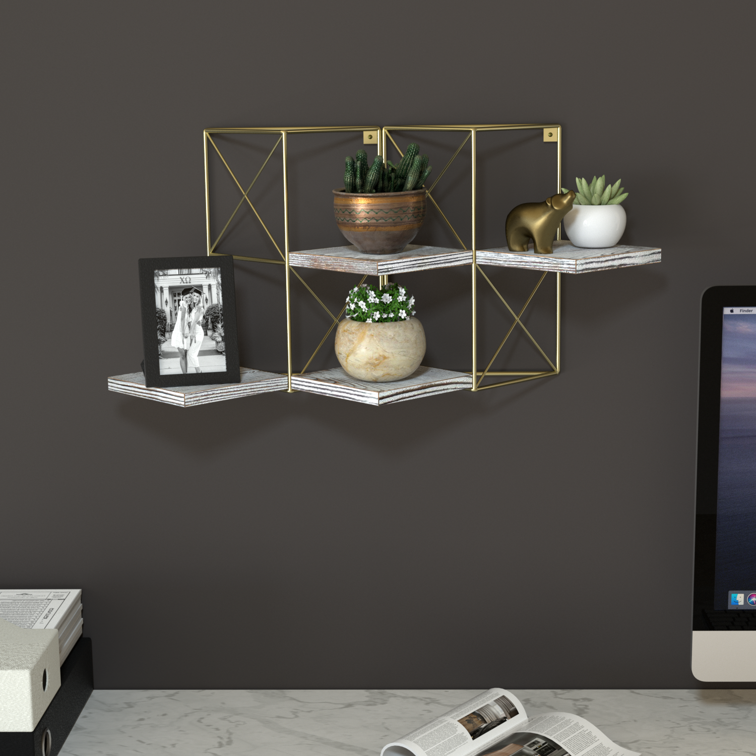 Jackcube Design Plant mensole piante parete set 2 oro legno