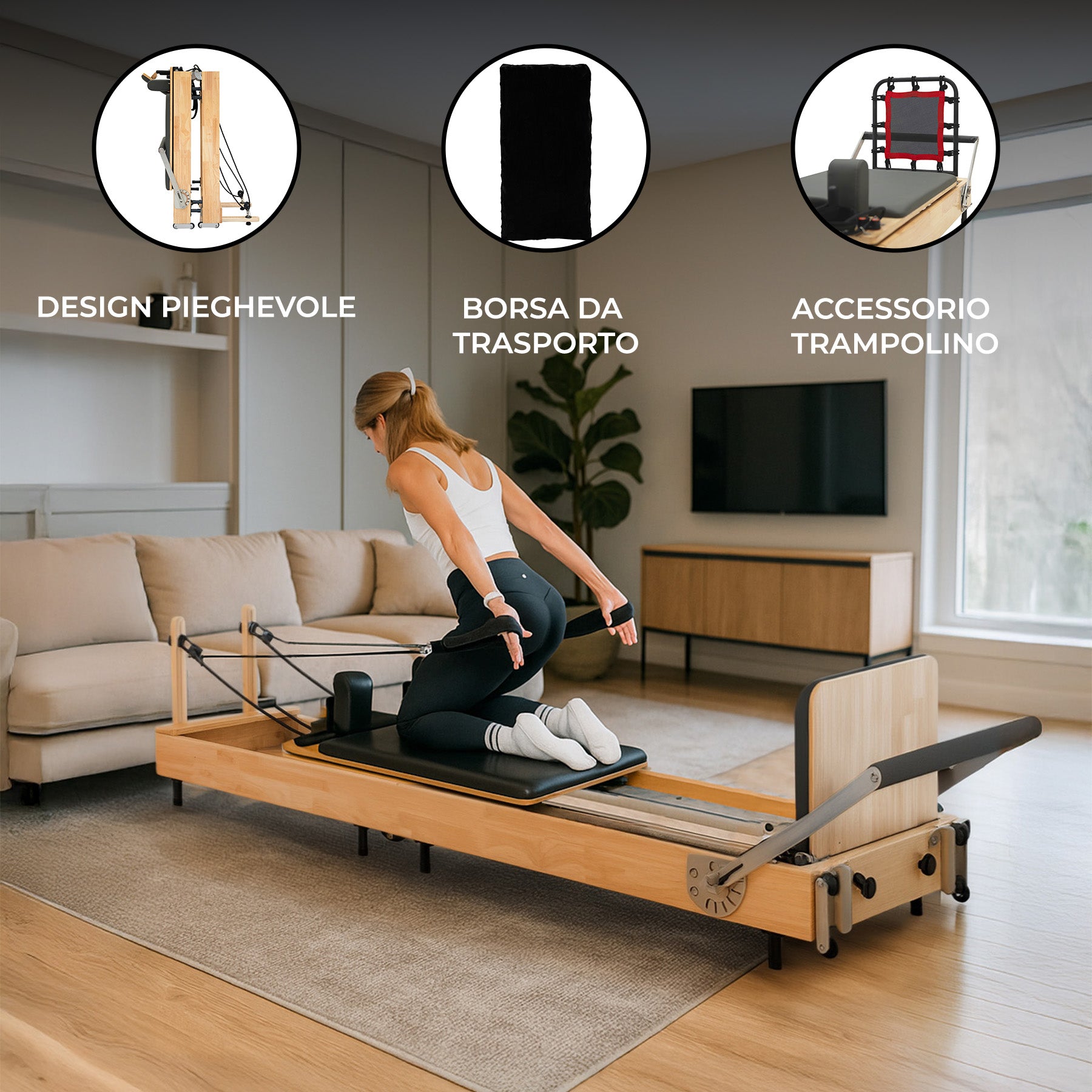 Q-Rax Macchina Pilates Reformer Rovere Pieghevole 5 Molle