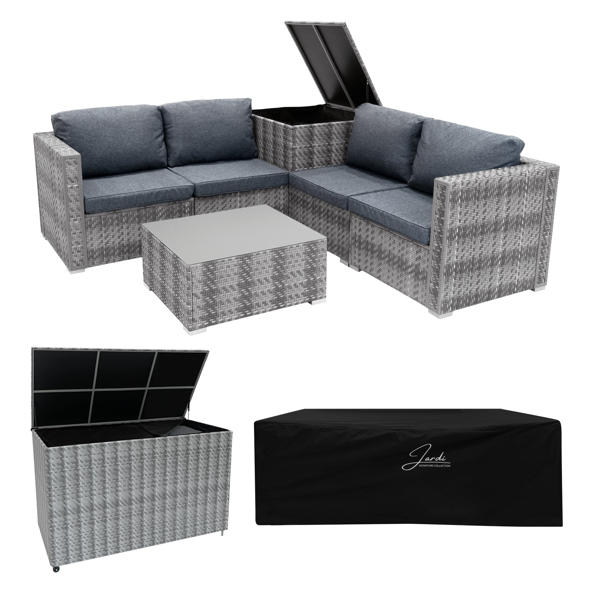 Q-Rax Set Rattan Grigio 6 Pezzi Tavolino Vetro Bauli 250+996L
