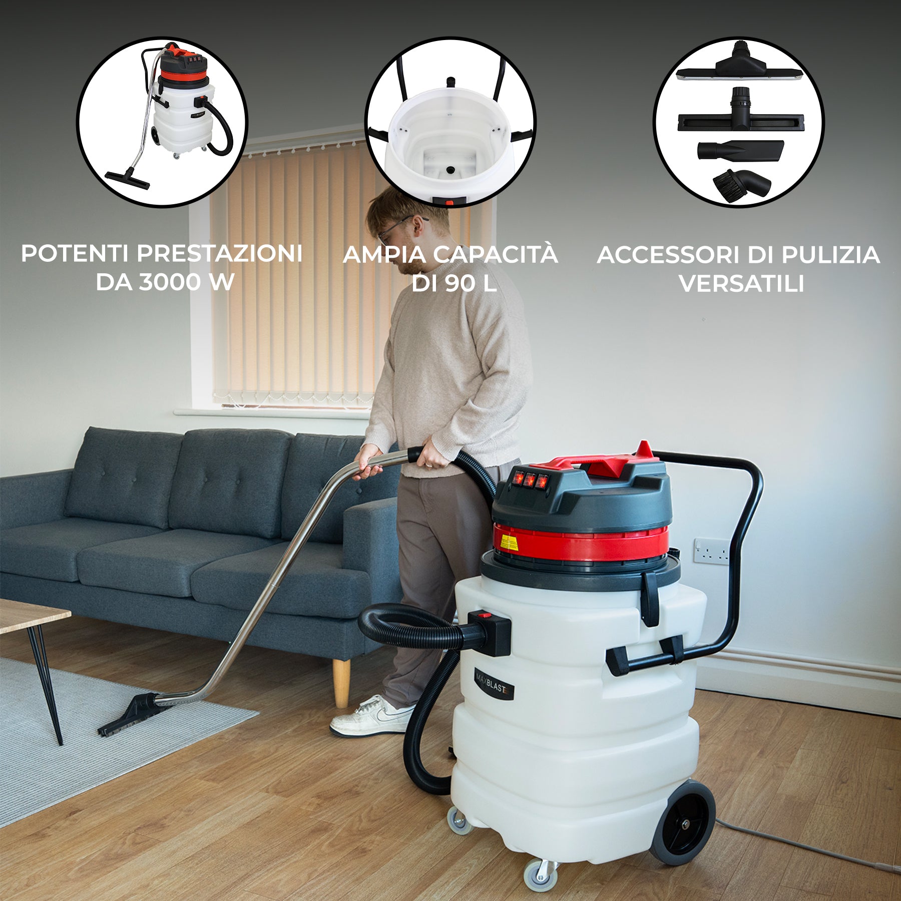 Maxblast 90L Aspirapolvere Industriale Secco Umido 3000W