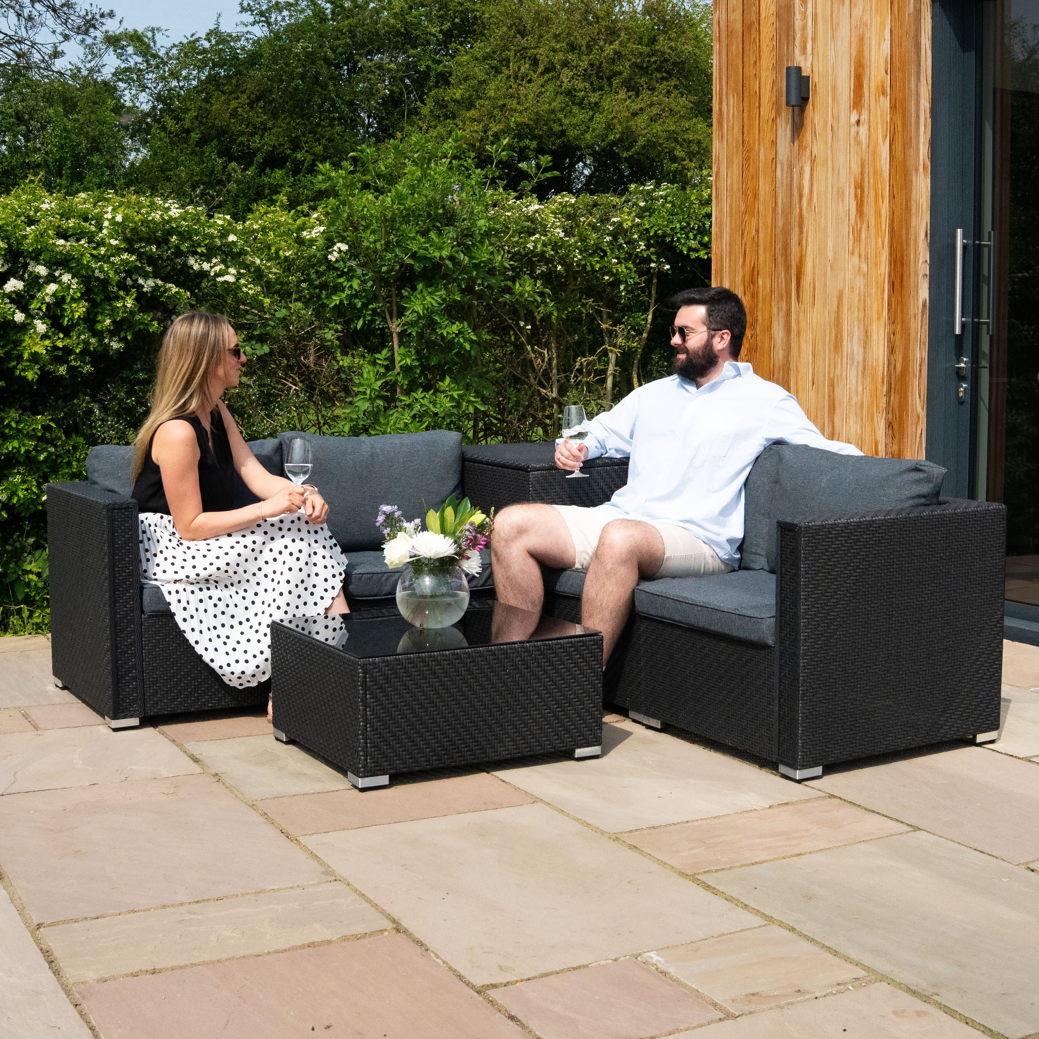 Q-Rax Set Mobili Giardino 6 Pezzi Rattan Nero con Baule