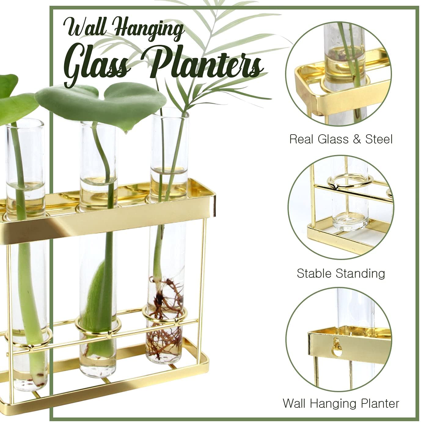 Jackcube Design Plant Wall Hanging fioriera 3 tubi vetro oro