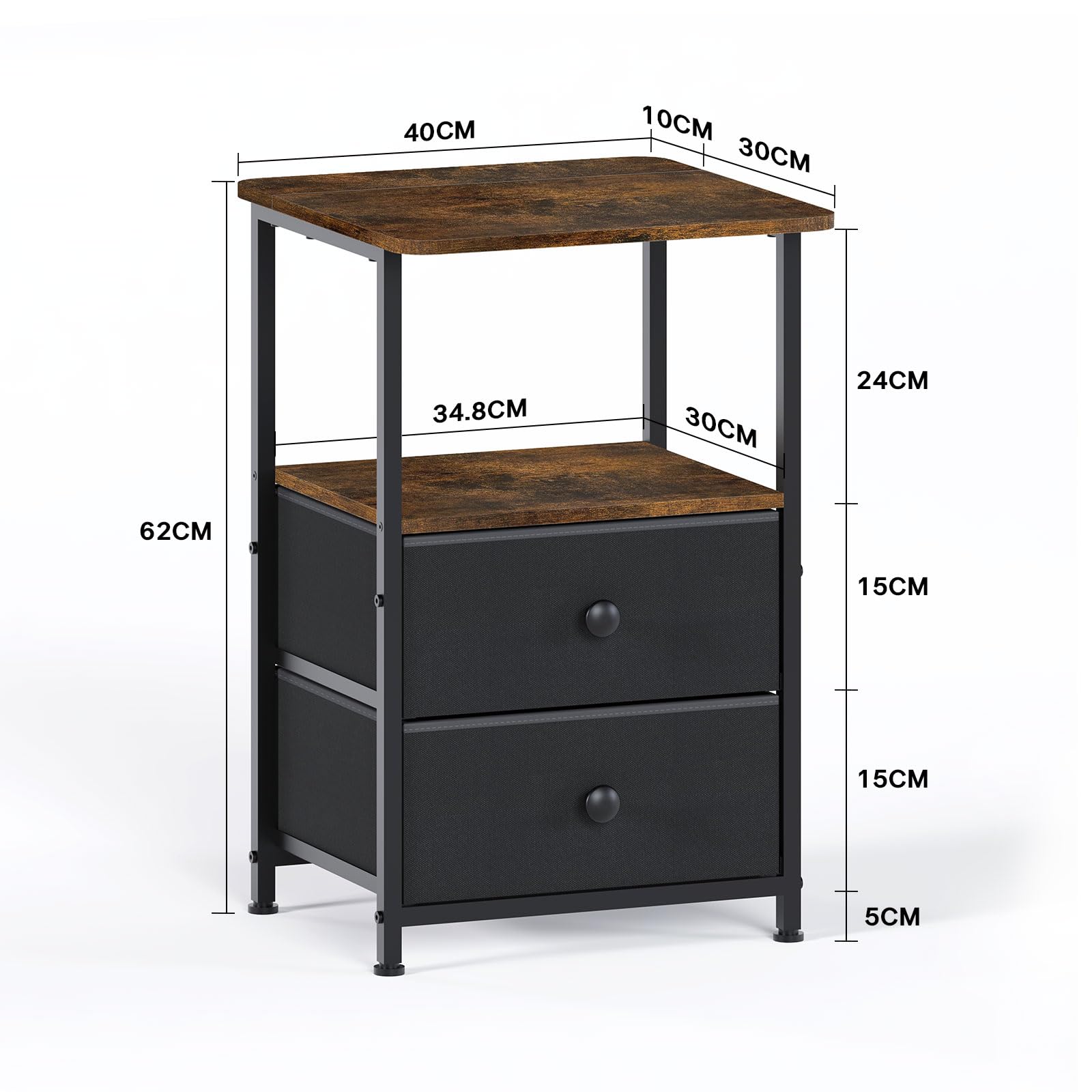 Meltrck Comodino 40x40x62 Industriale 2 Cassetti Marrone