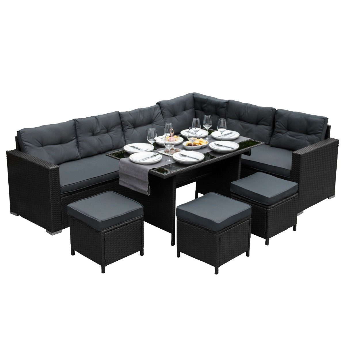 Q-Rax Set Rattan Angolare Nero 9 Posti Tavolo Vetro