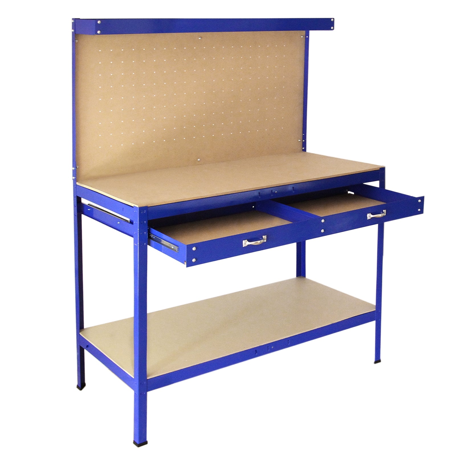 Q-Rax Banco Lavoro Blu 120cm con Pannello 40 Ganci Cassetto