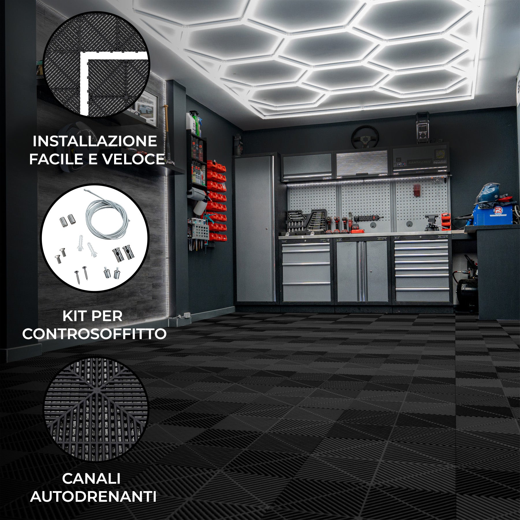Q-Rax Piastrelle Pavimento Nere 120pz + 14 Luci LED 6500K