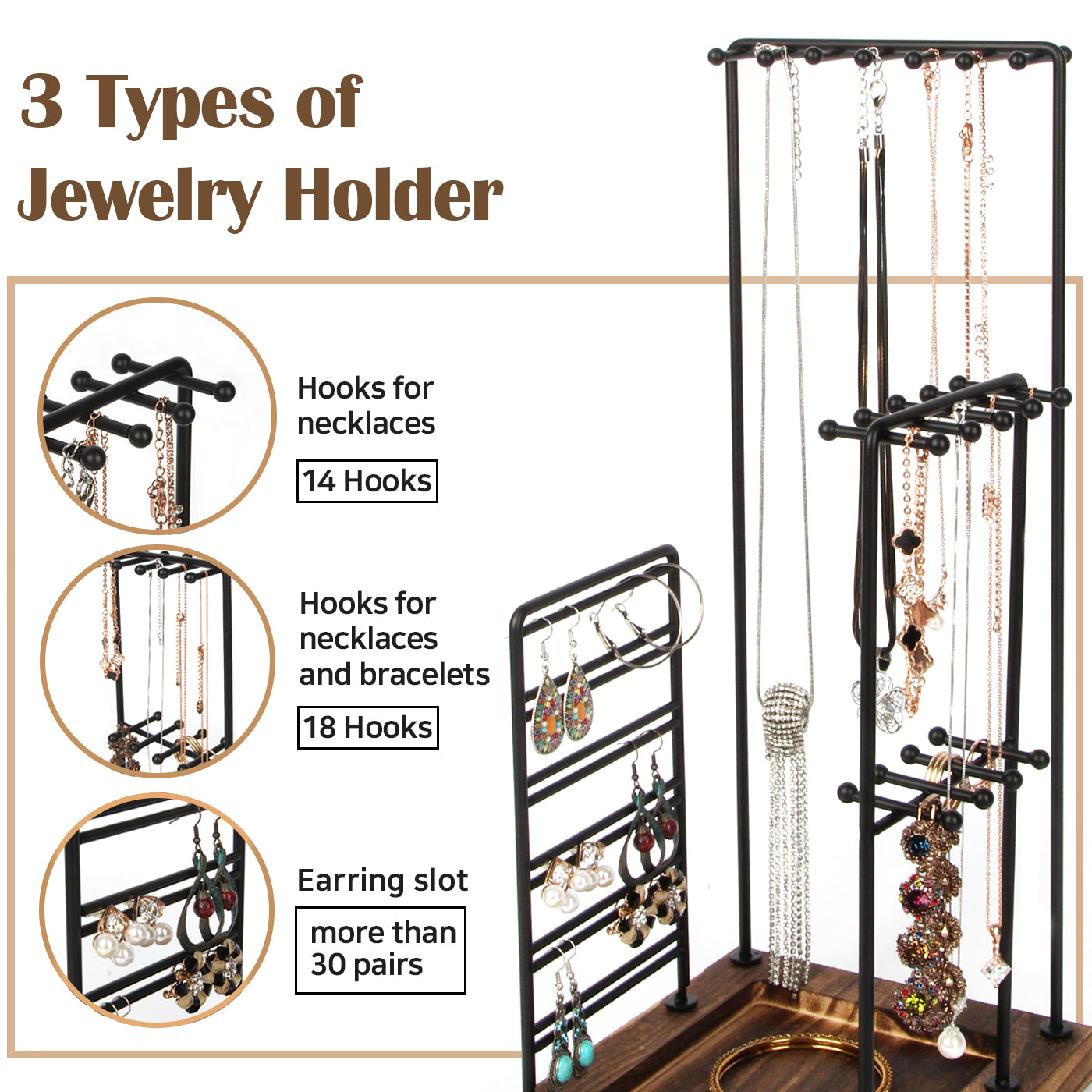 Jackcube Makeup Jewelry Albero Portagioie Nero Metallo Vassoio