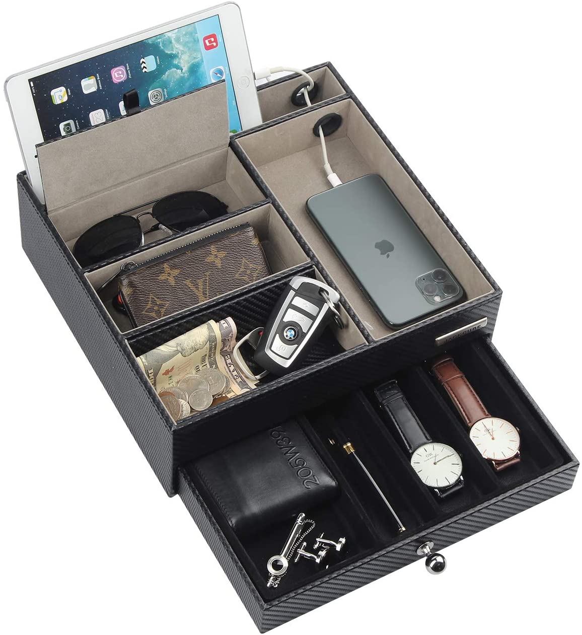Jackcube Design Dressroom Vassoio Svuotatasche Pelle Nero con Cassetto