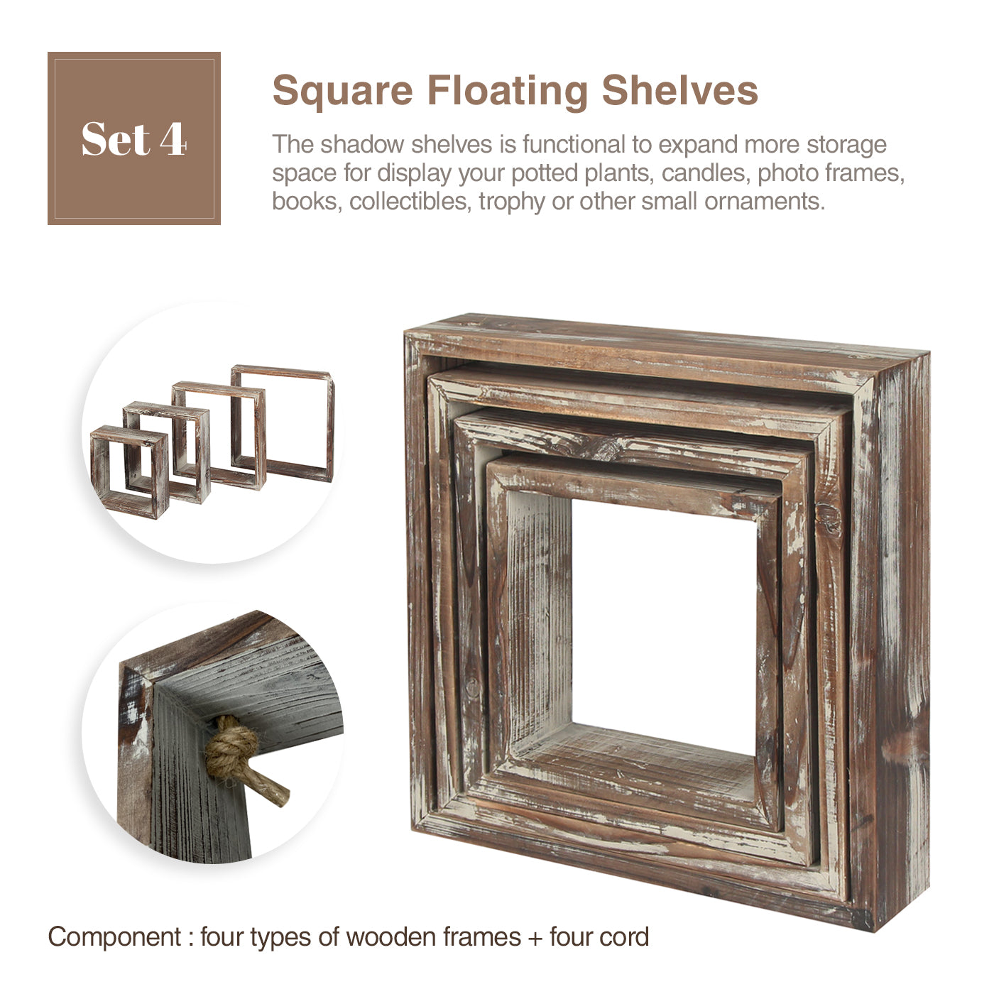 Jackcube Design Living Room Set 4 Mensole Quadrate Legno Rustico