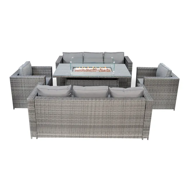 Q-Rax Set Mobili Giardino Rattan 8 Posti Firepit Grigio
