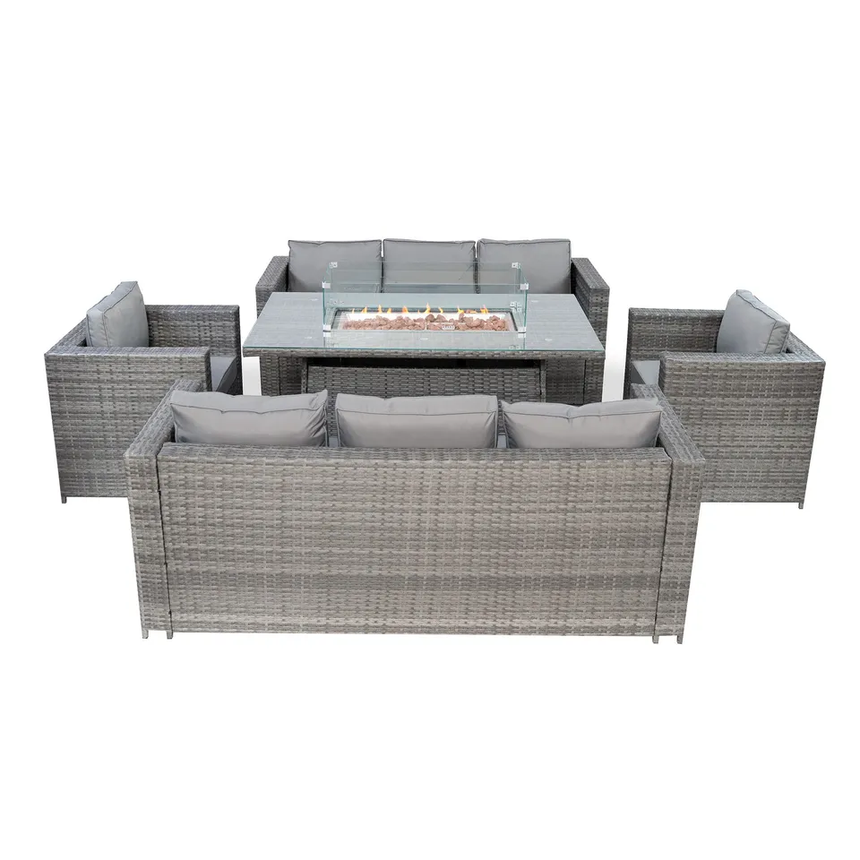 Q-Rax Set Mobili Giardino Rattan 8 Posti Firepit Grigio