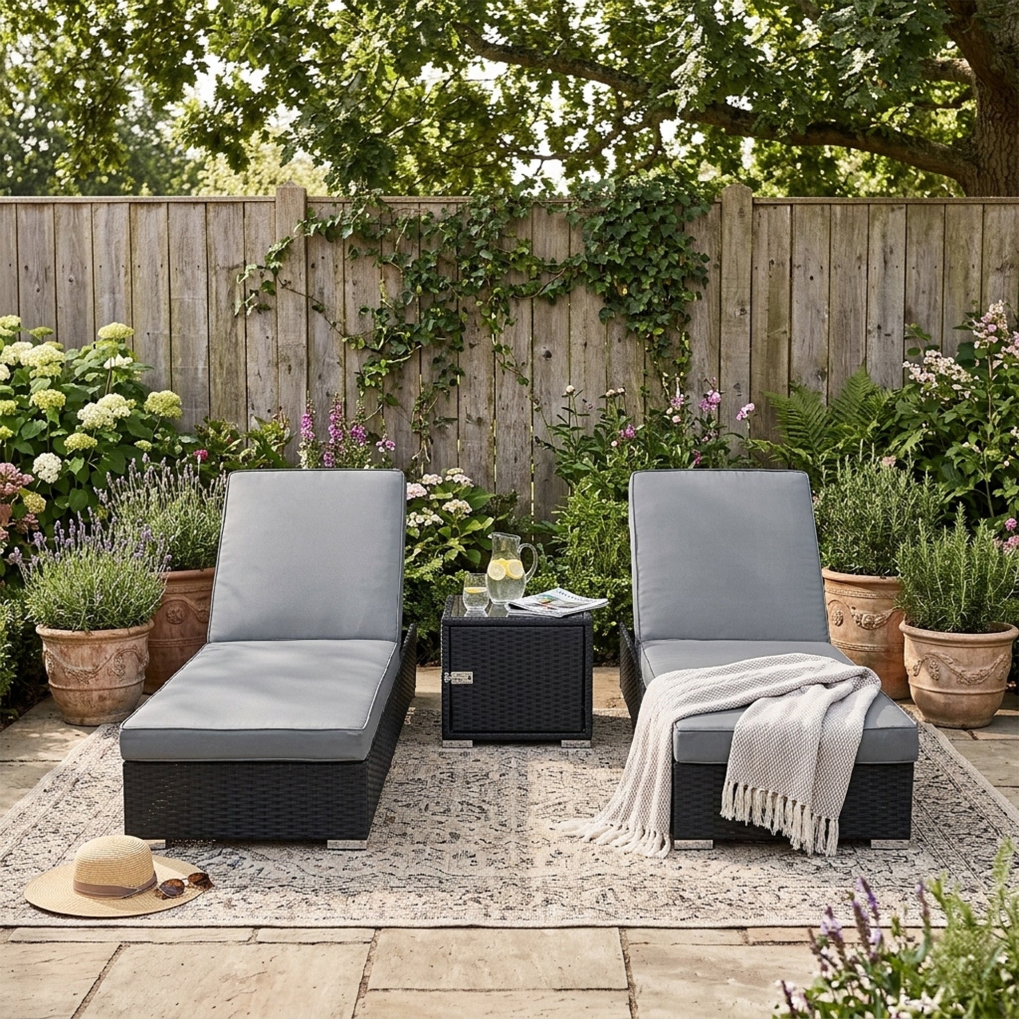 Q-Rax Set 2 lettini prendisole polyrattan nero+cuscini