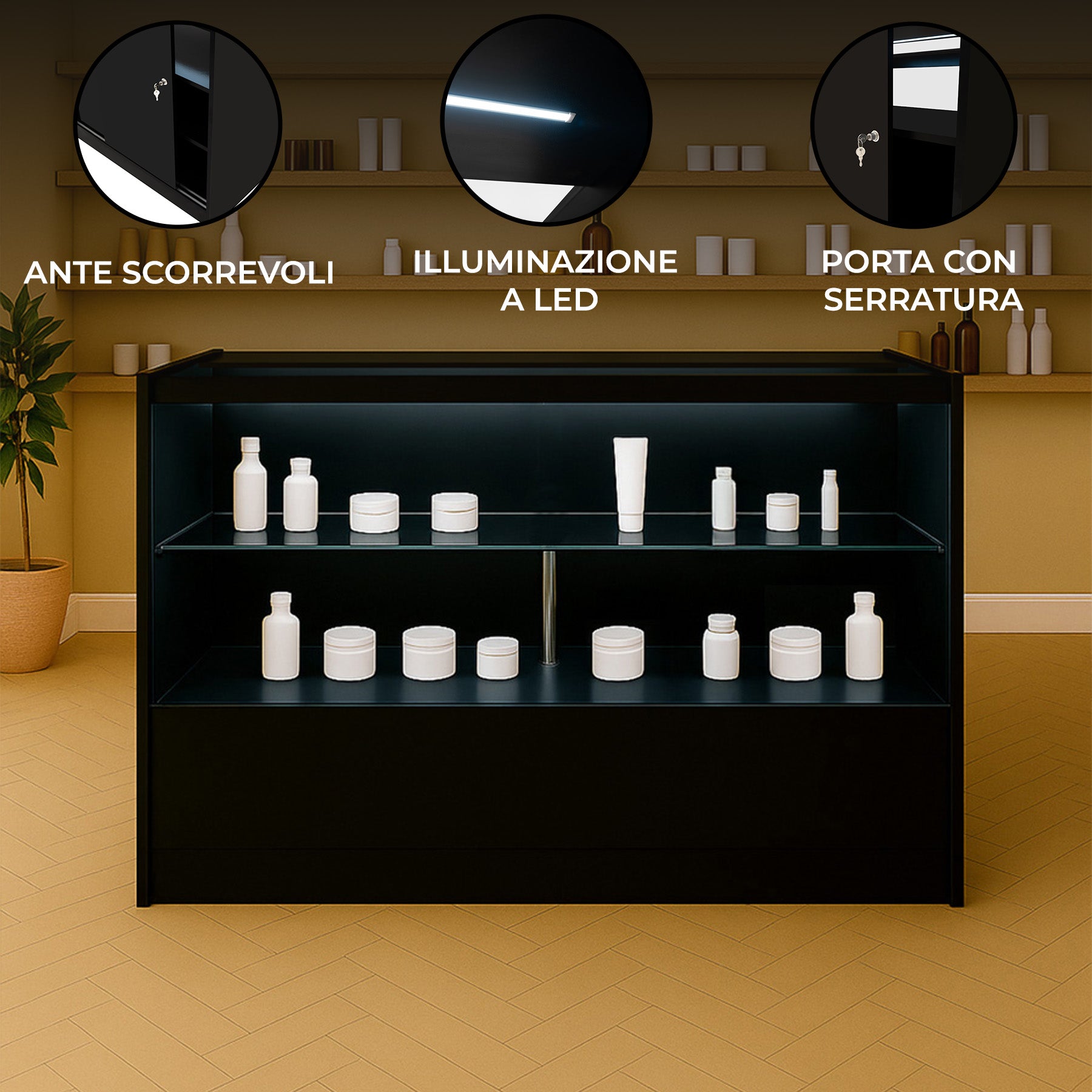 Q-Rax Banconi da Negozio C1500 Bancone LED Nero con Vetro